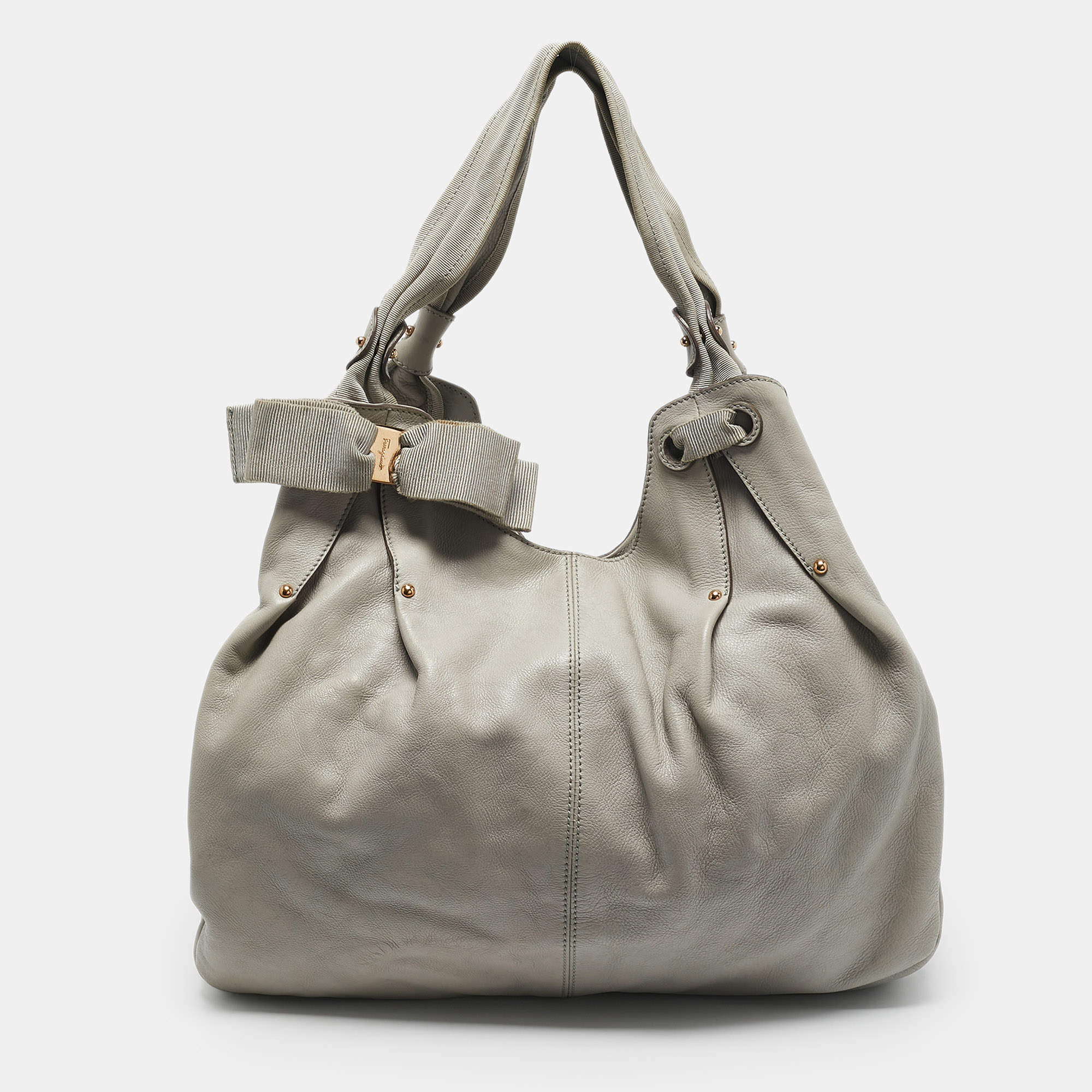 Salvatore Ferragamo Grey Leather Bow Hobo