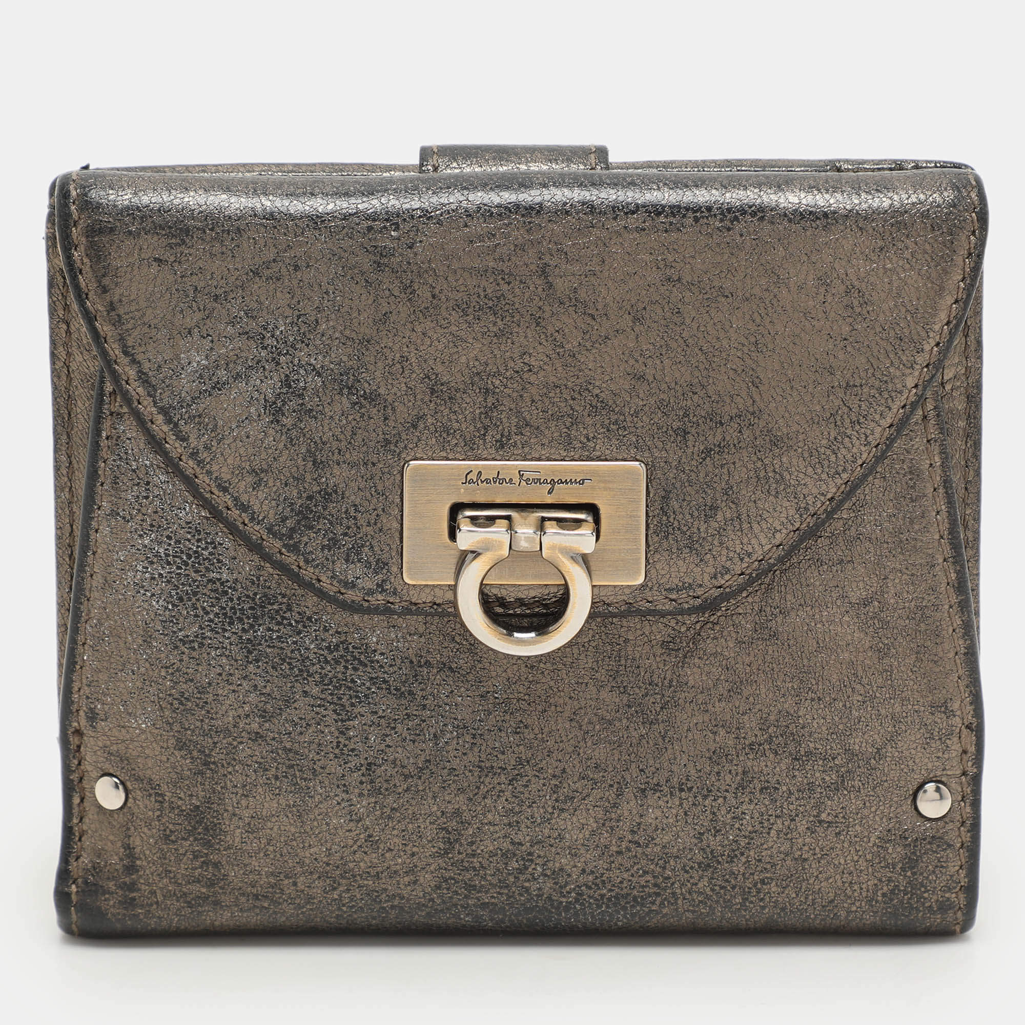 Salvatore Ferragamo Metallic Leather Classic Mediterraneo French Wallet