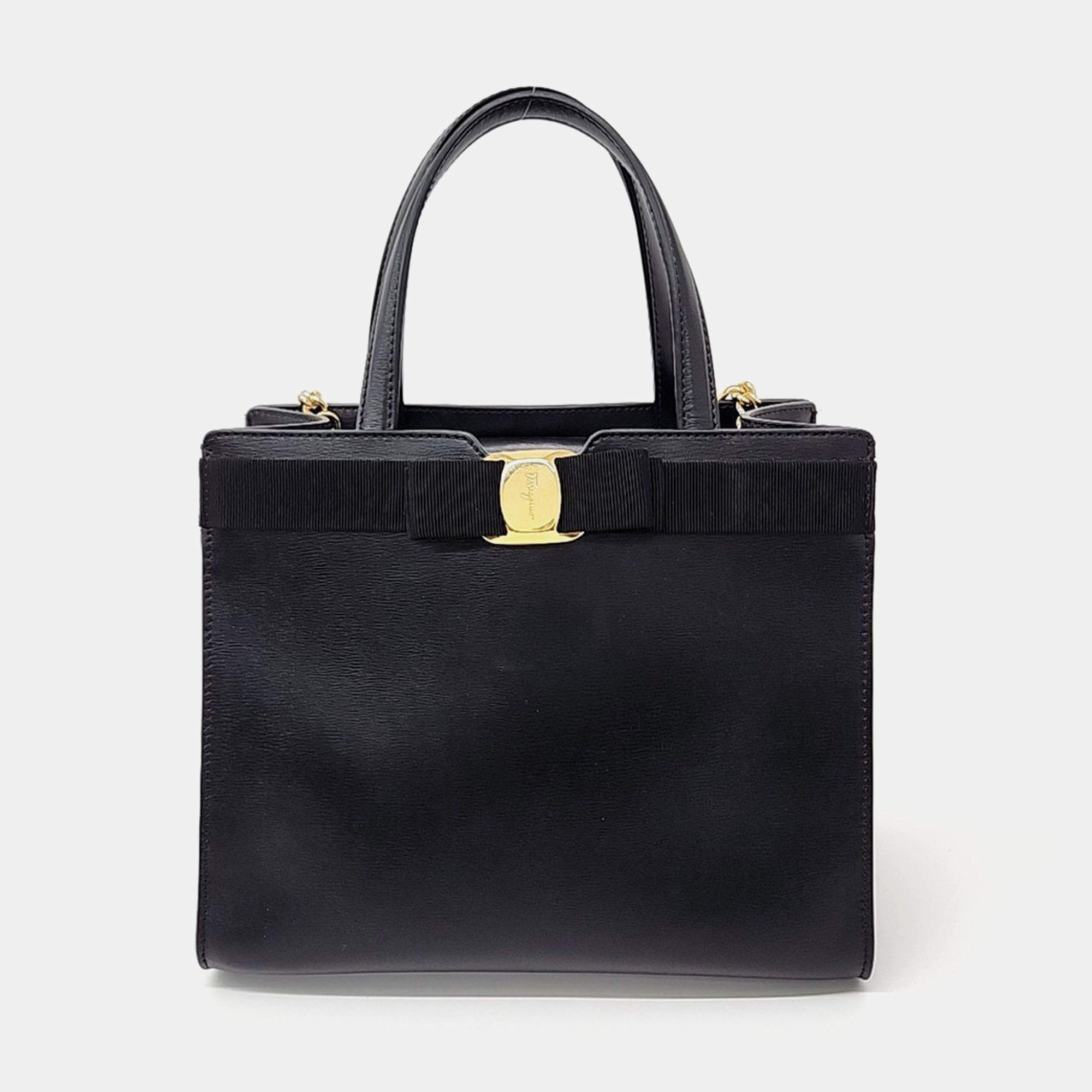 Salvatore Ferragamo Black Leather Bara tote and shoulder bag