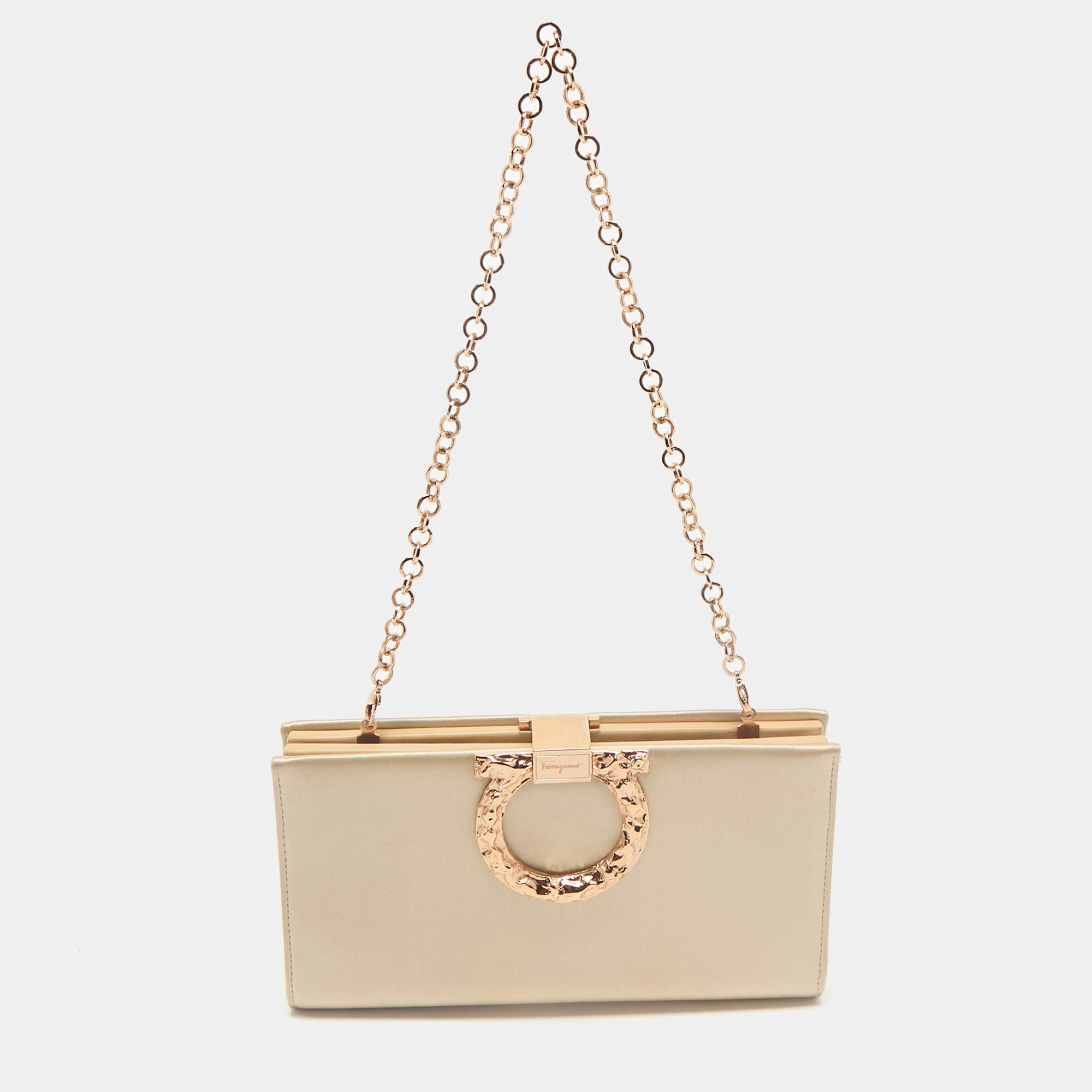 Pre Owned Salvatore Ferragamo Beige Satin Gancini Chain Clutch