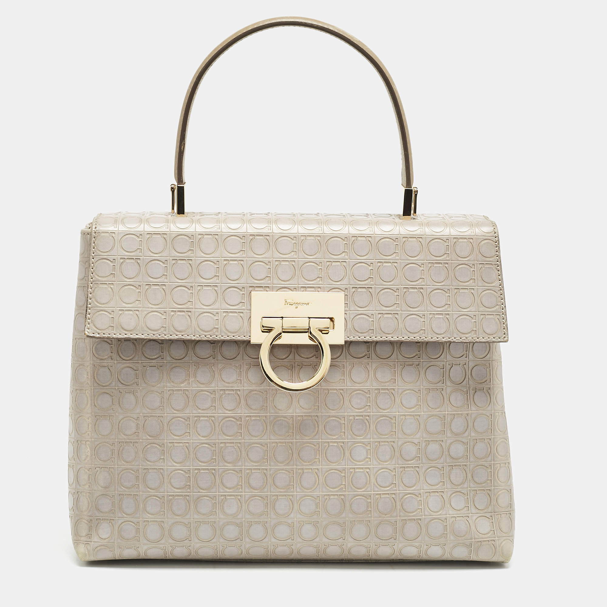 Salvatore Ferragamo Grey Signature Embossed Leather Gancini Top Handle Bag