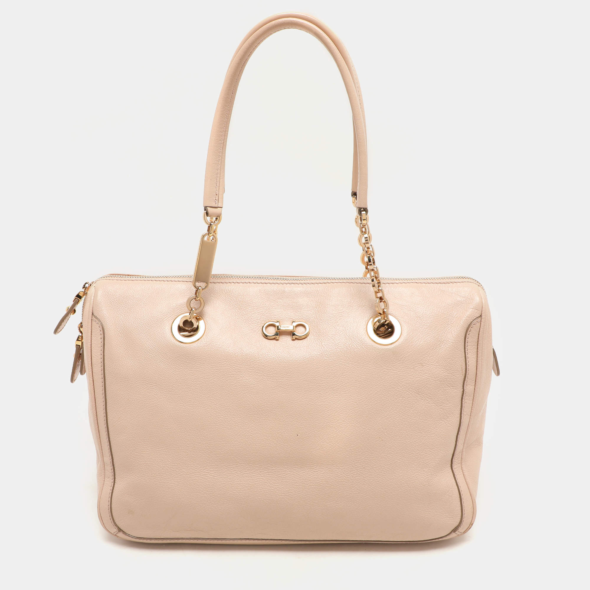 Salvatore Ferragamo Beige Leather Double Gancio Bag