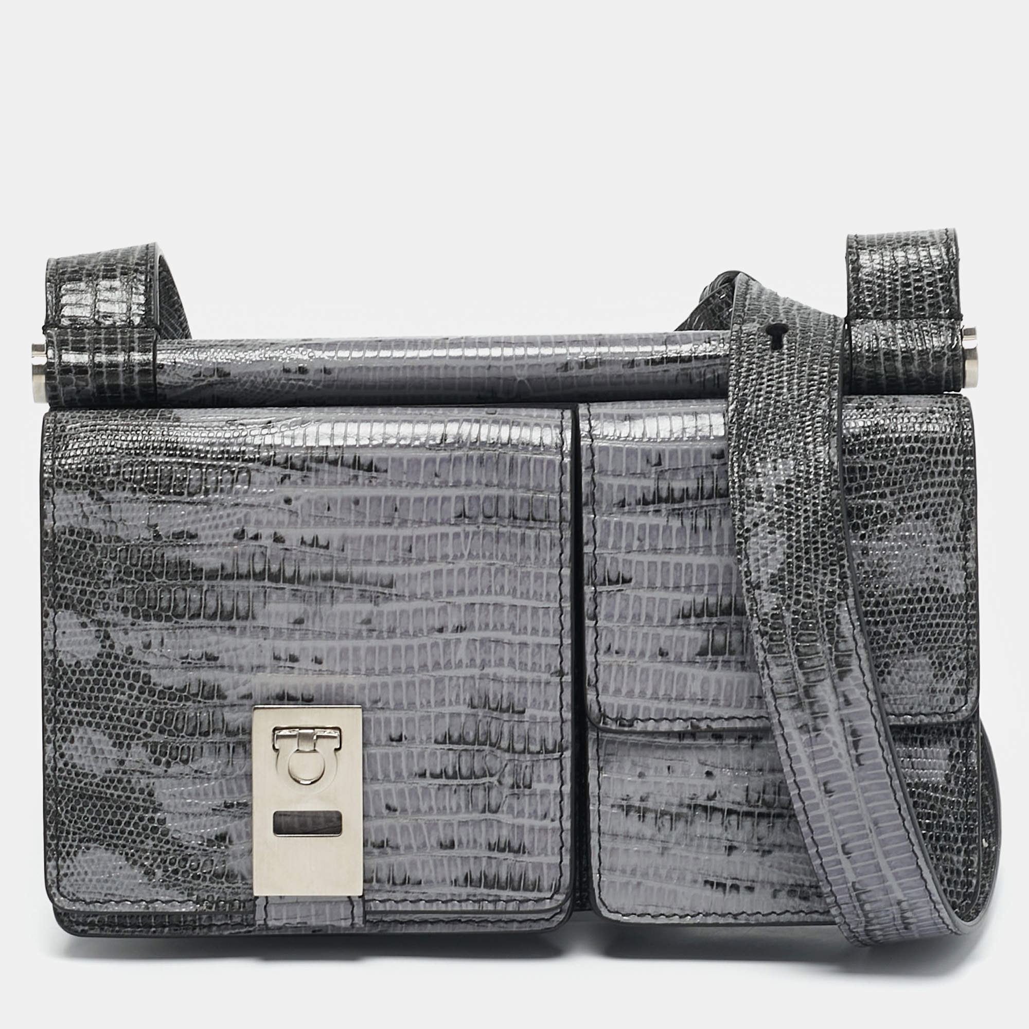Salvatore Ferragamo Lilac/Black Lizard Embossed Leather Multi Pocket Flap Crossbody Bag