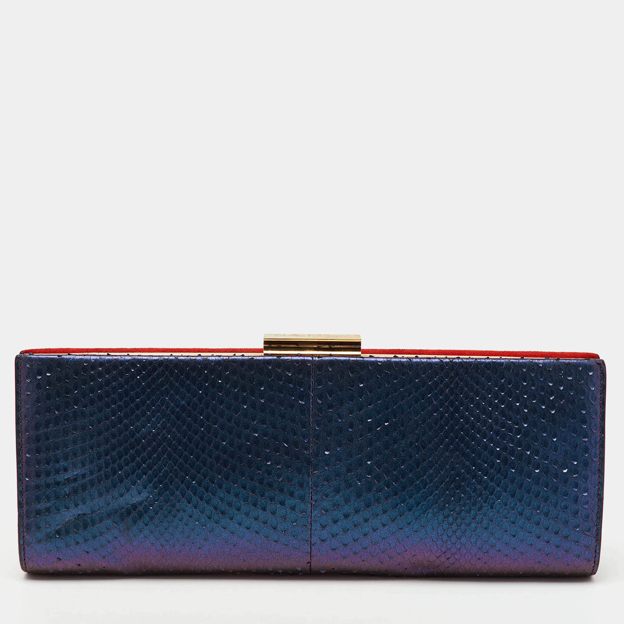 Pre Owned Salvatore Ferragamo Red/Iridescent Blue Suede and Python Leather Clutch