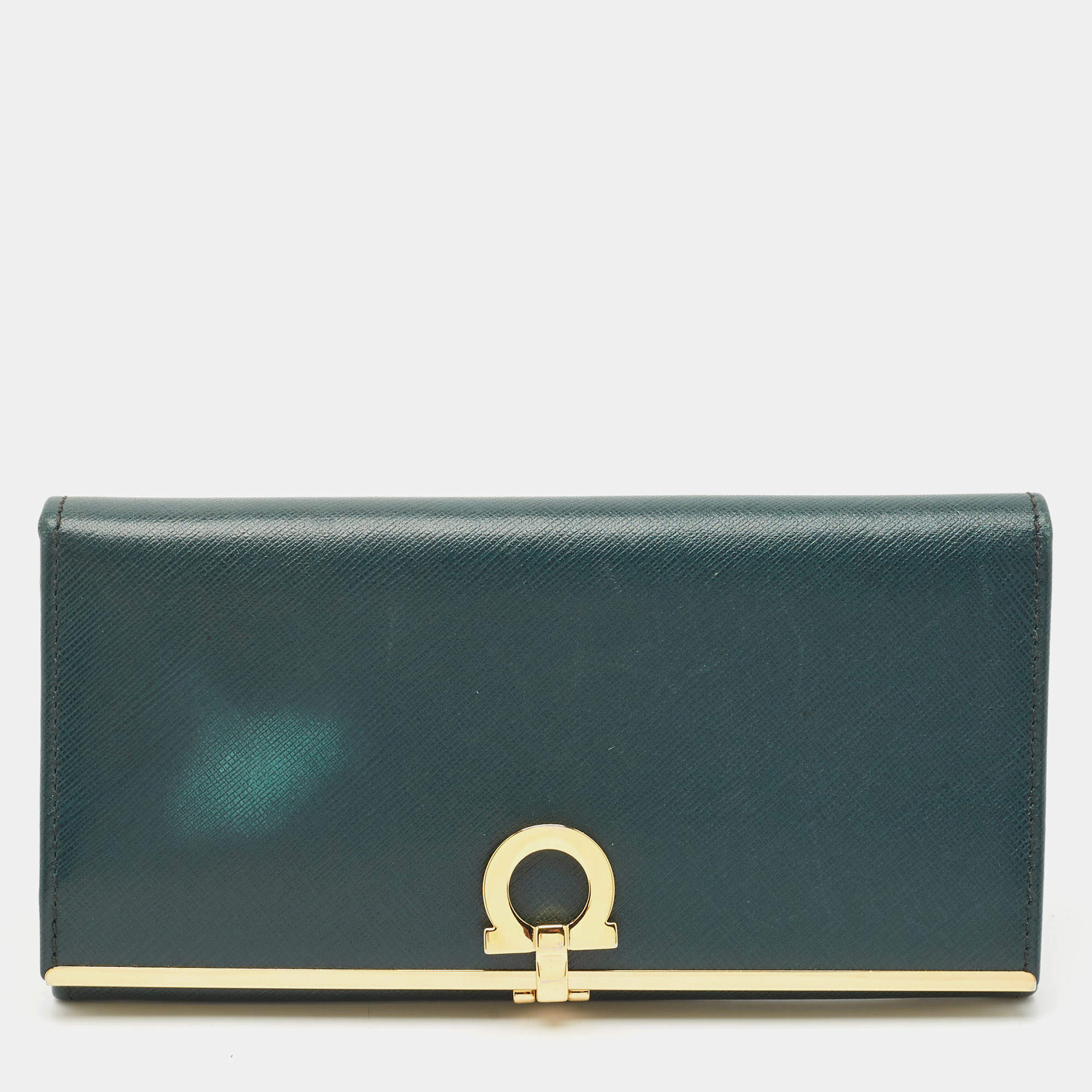 Salvatore Ferragamo Green Leather Gancio Clasp Continental Wallet