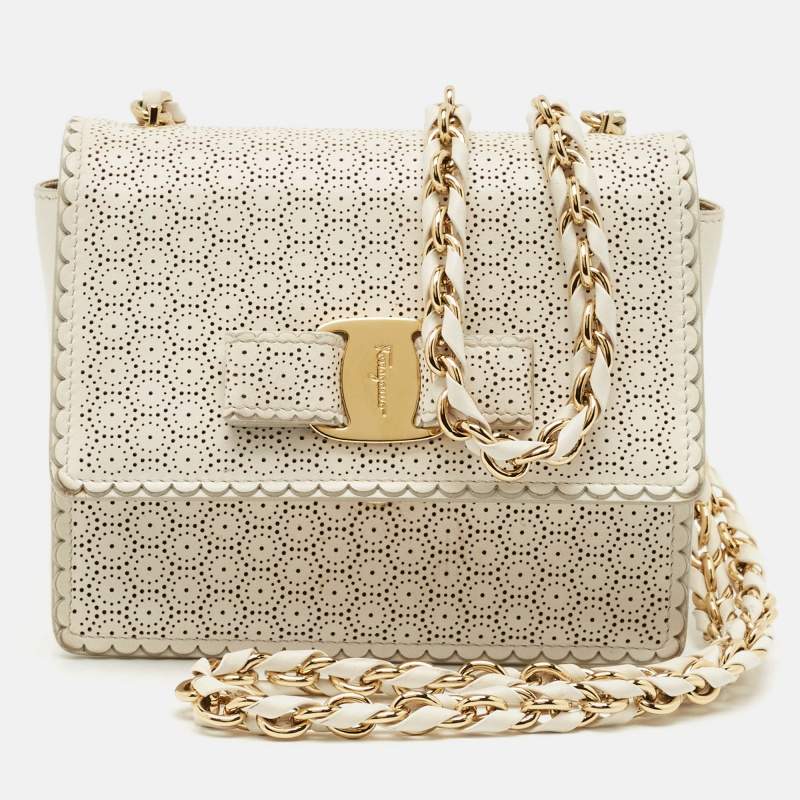 Pre Owned Salvatore Ferragamo White Perforated Leather Mini Vara Ginny Shoulder Bag