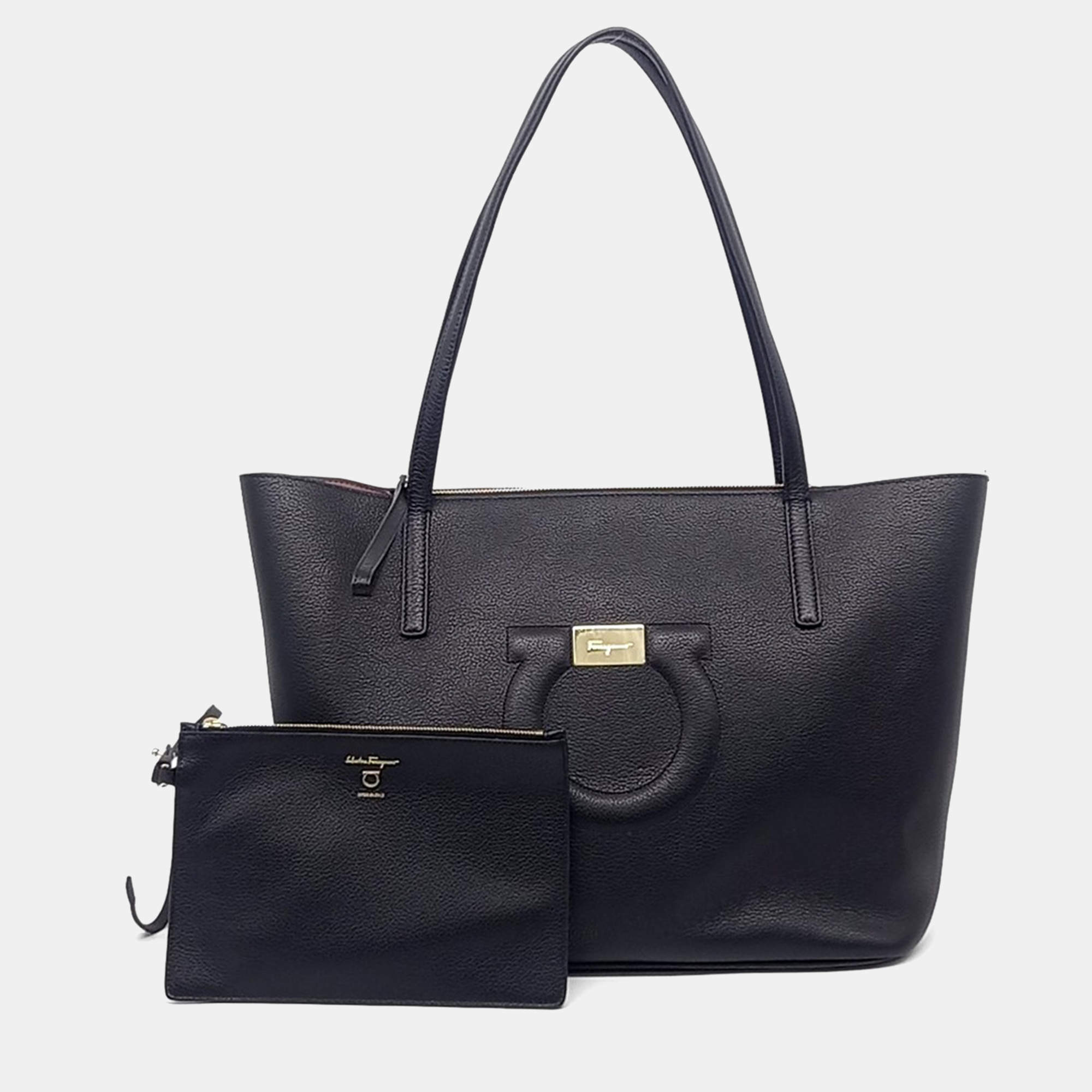 Salvatore Ferragamo Black Leather Gancini Shopper Bag