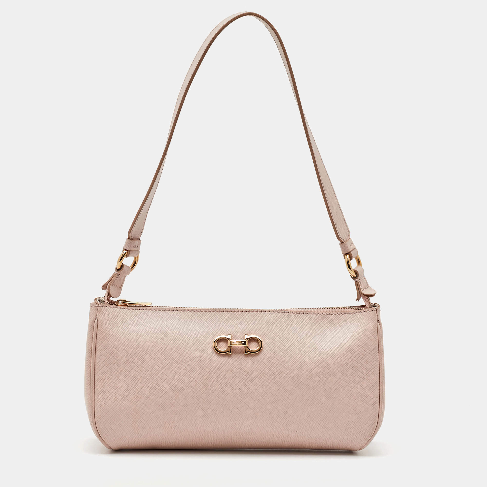 Pre Owned Salvatore Ferragamo Light Pink Saffiano Leather Gancini Shoulder Bag