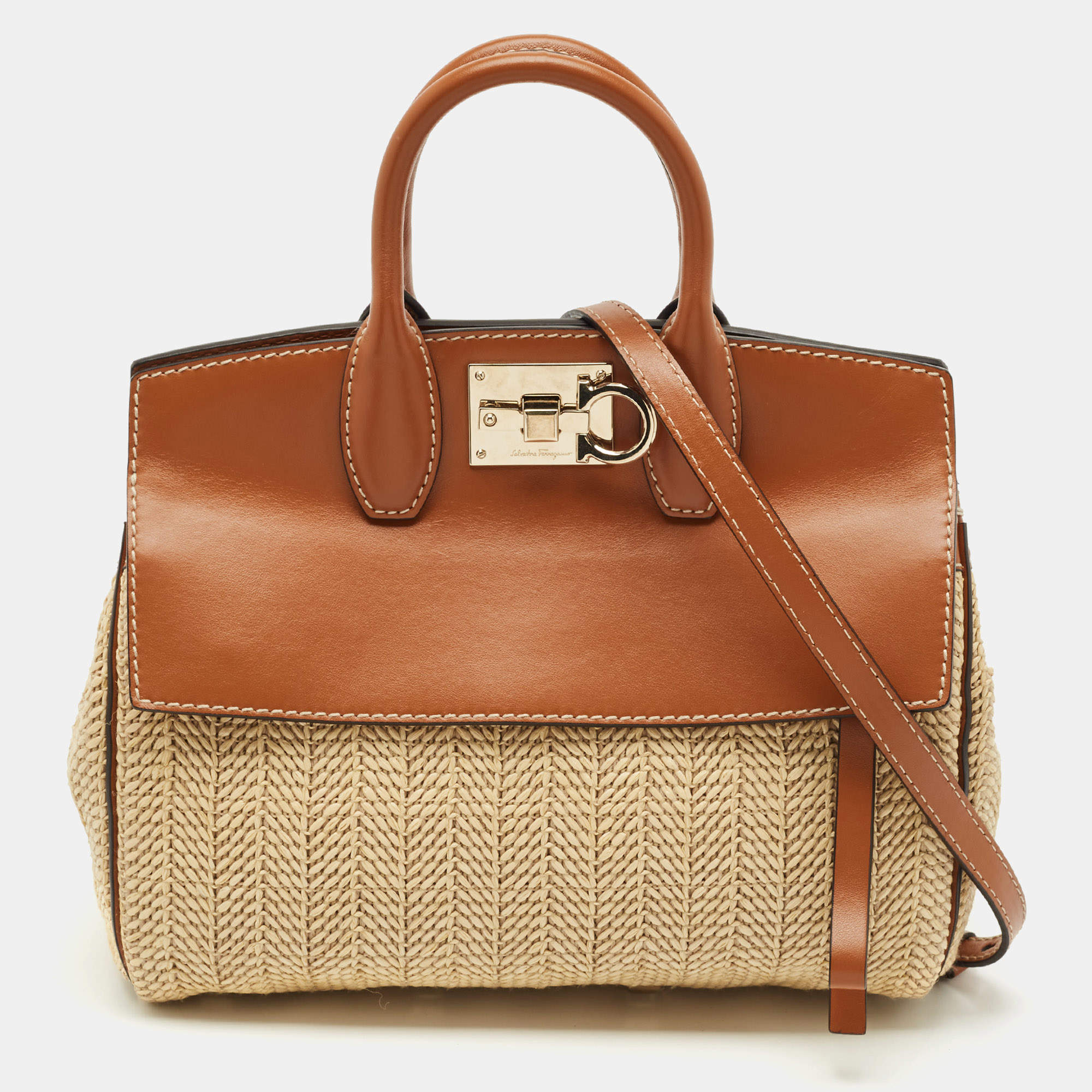 Pre Owned Salvatore Ferragamo Brown/Beige Raffia and Leather Studio Tote