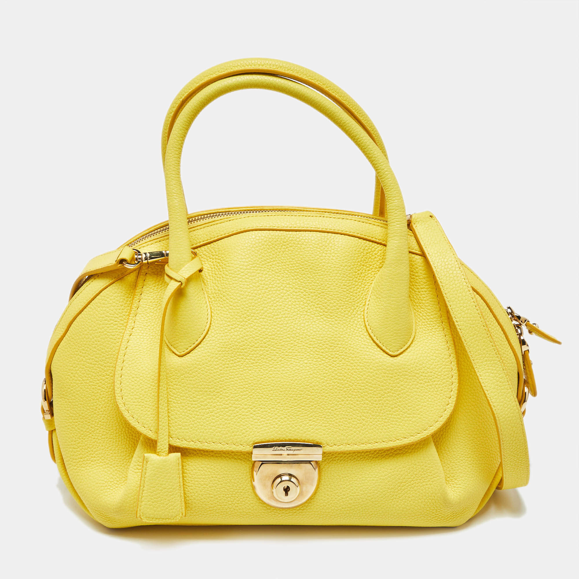 Pre Owned Salvatore Ferragamo Yellow Leather Medium Fiamma Satchel
