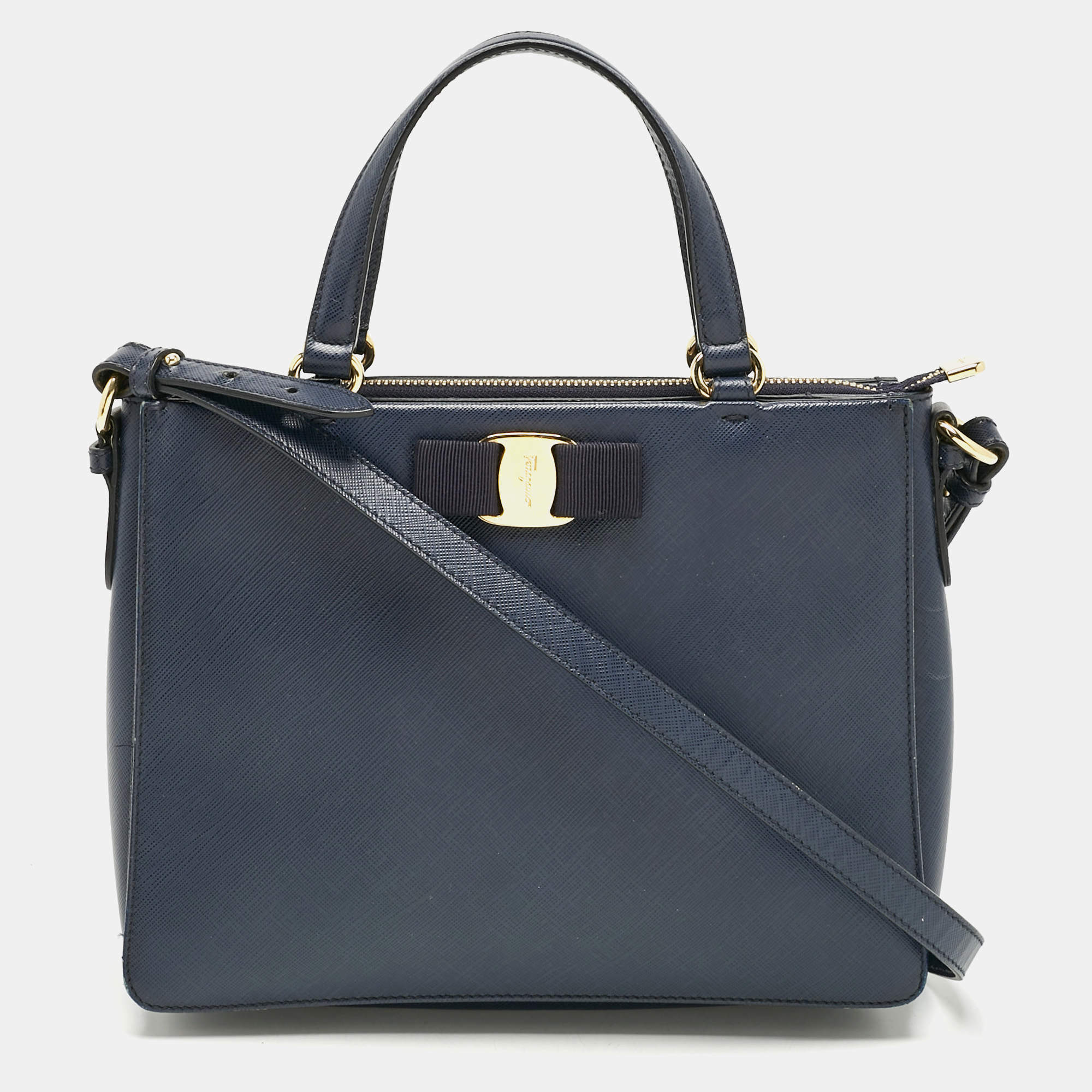 Pre Owned Salvatore Ferragamo Navy Blue Leather Vara Bow Tote