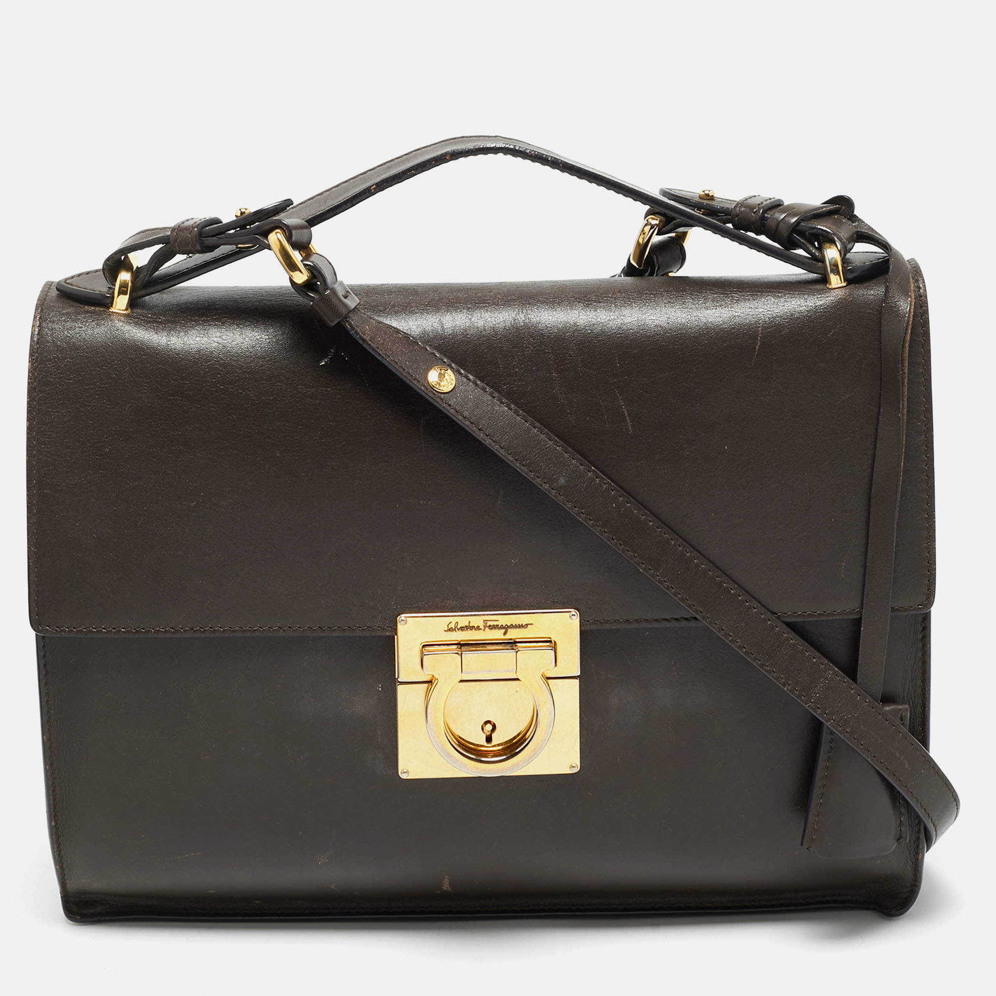 Pre Owned Salvatore Ferragamo Dark Brown Leather Marisol Top Handle Bag