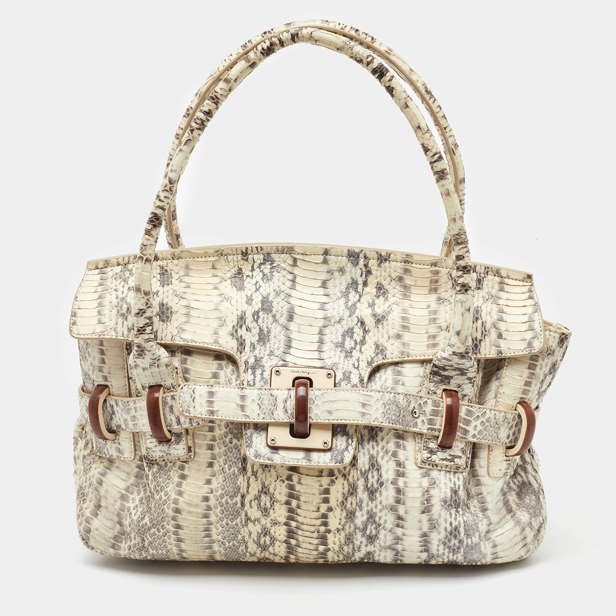 Pre Owned Salvatore Ferragamo White/Grey Python Apollonia Bag