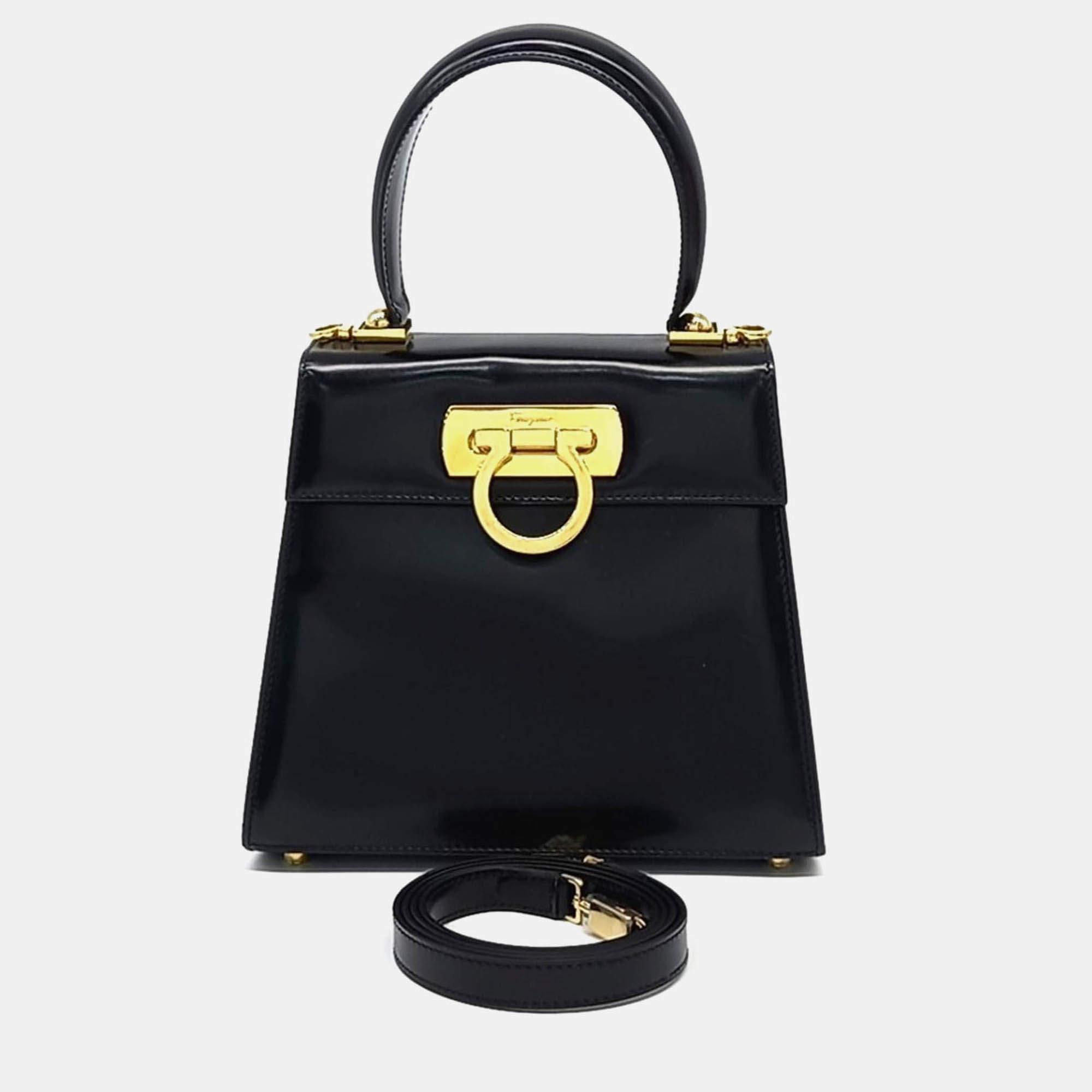 Pre Owned Salvatore Ferragamo Black Leather Kelly Bag Small