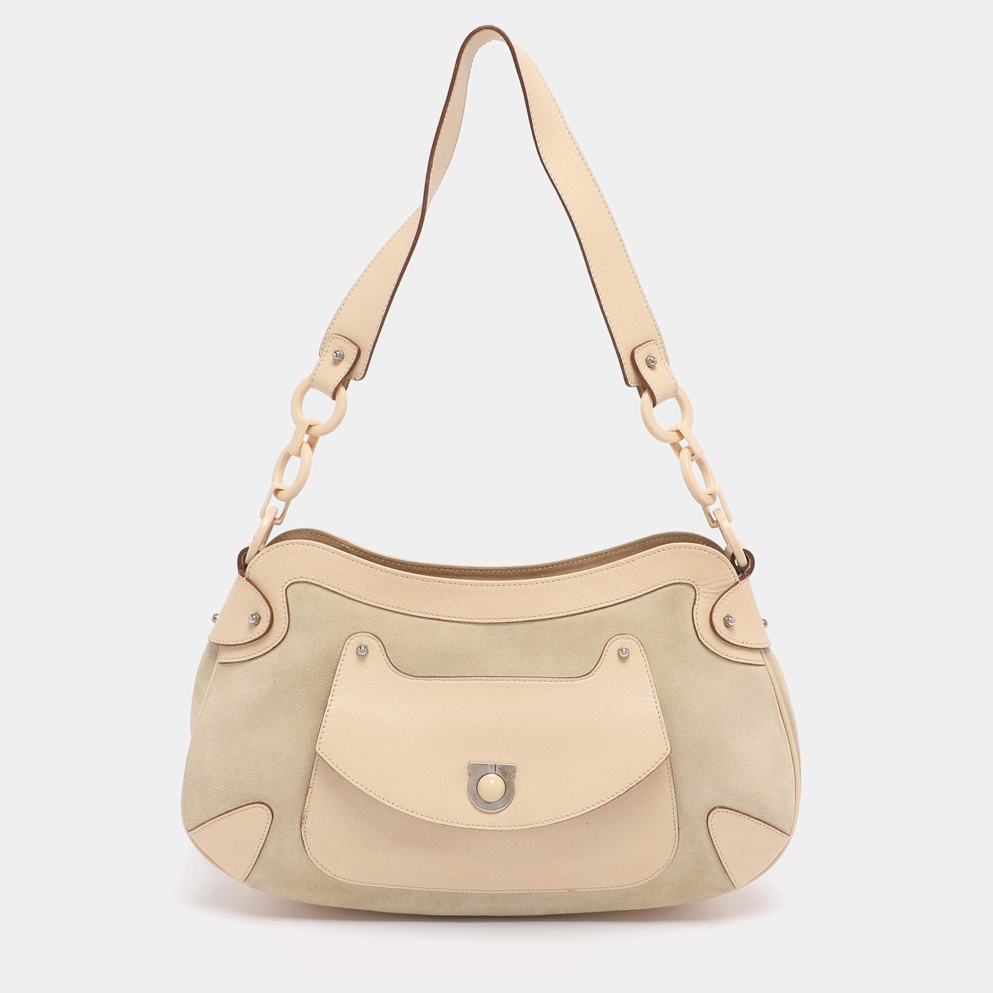 Pre Owned Salvatore Ferragamo Beige Leather and Suede Gancini Shoulder Bag