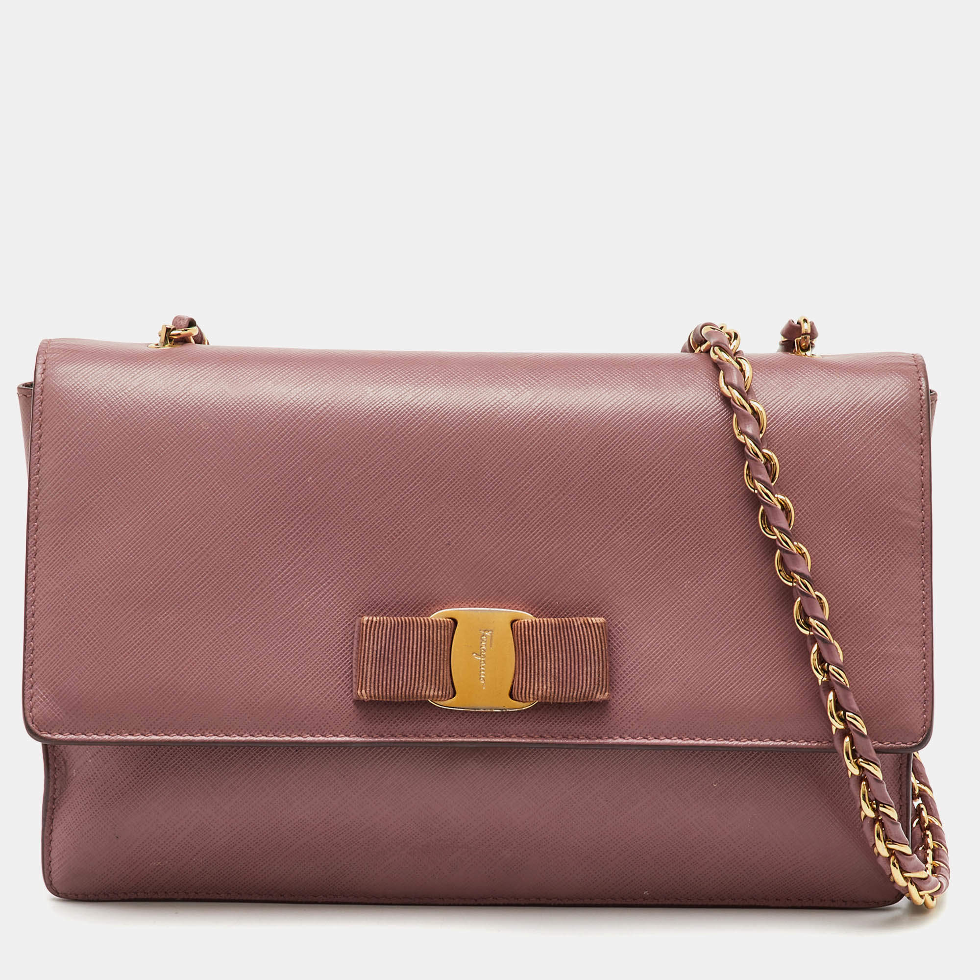 Pre Owned Salvatore Ferragamo Pink Saffiano Leather Vara Bow Chain Flap Shoulder Bag