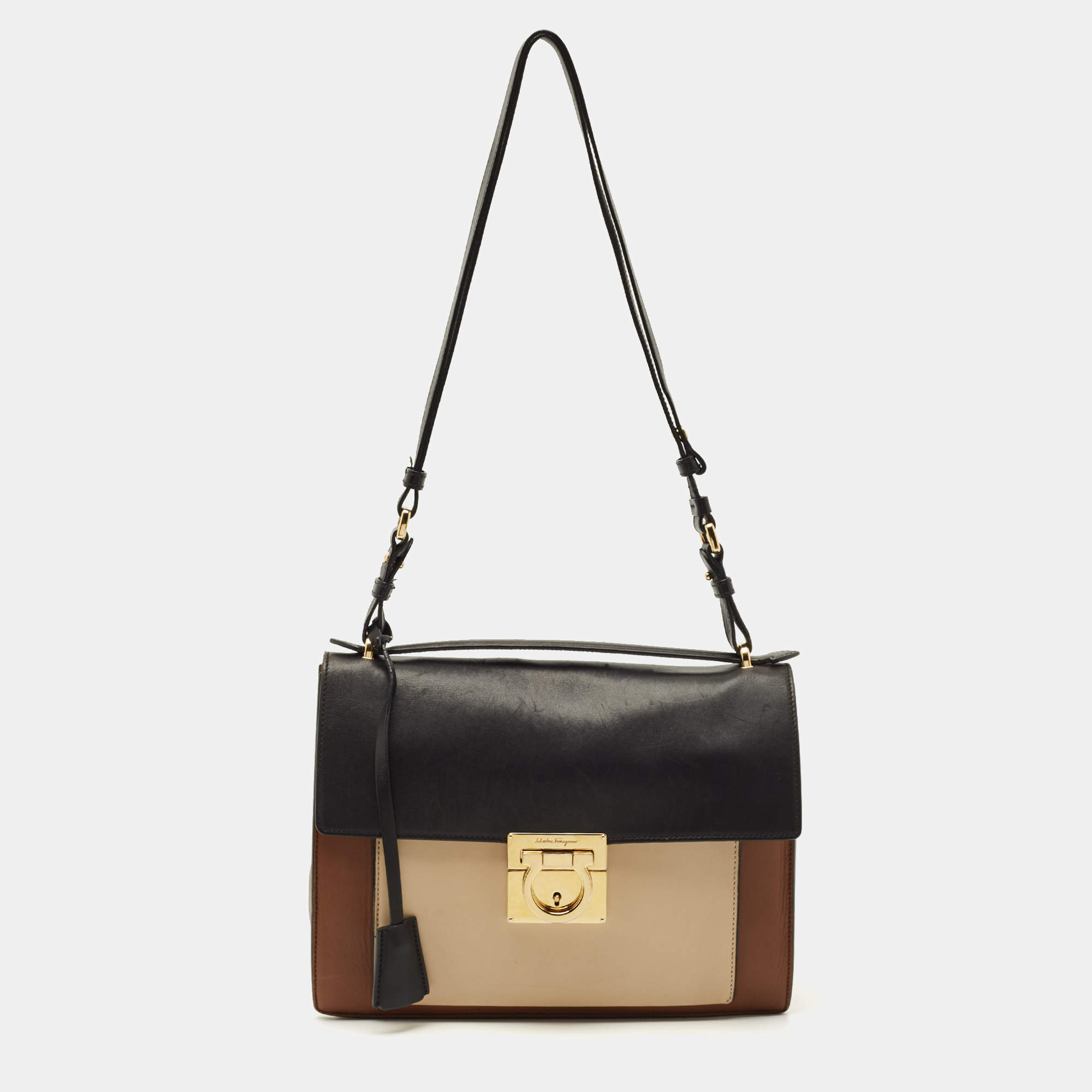 Pre Owned Salvatore Ferragamo Tricolor Leather Marisol Top Handle Bag