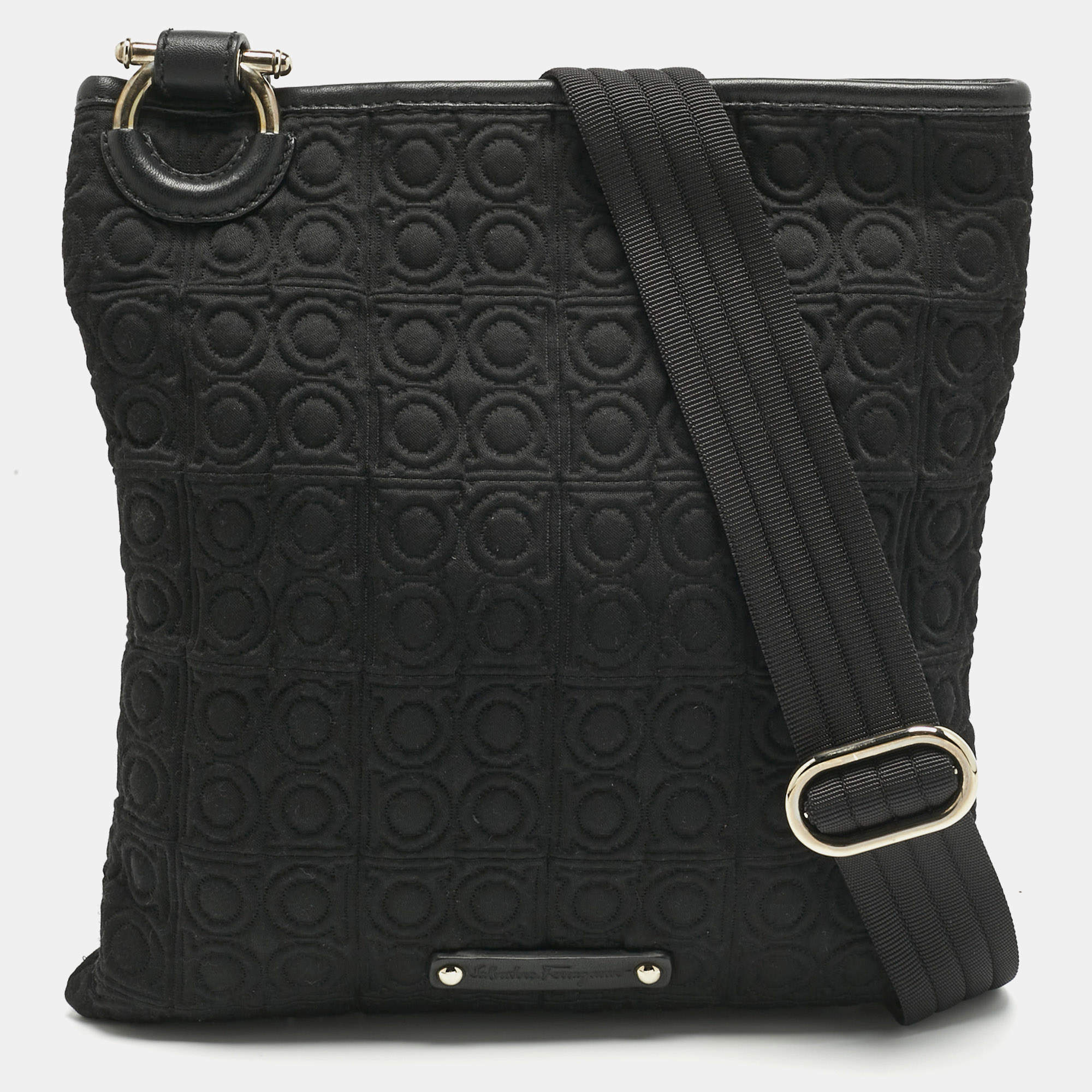 Pre Owned Salvatore Ferragamo Black Gancini Embossed Fabric Flat Messenger Bag