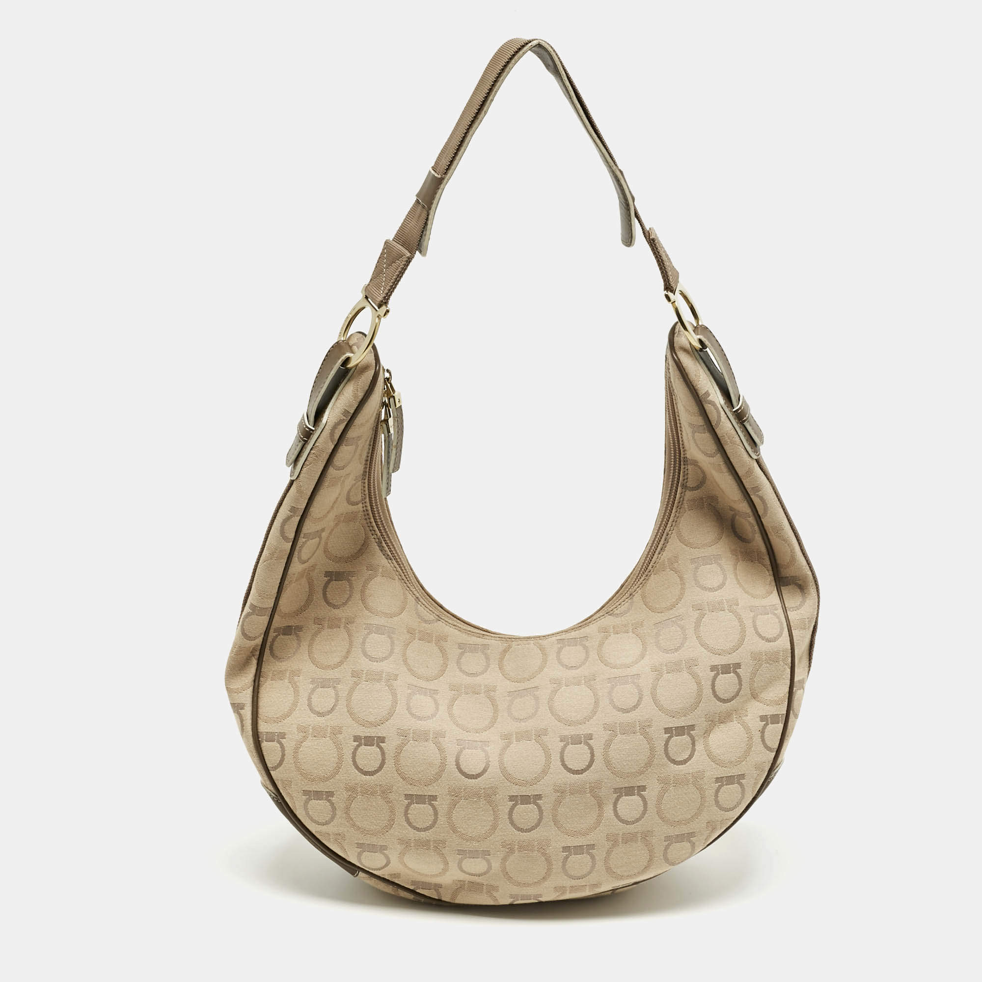 Pre Owned Salvatore Ferragamo Beige Gancini Printed Fabric and Leather Hobo