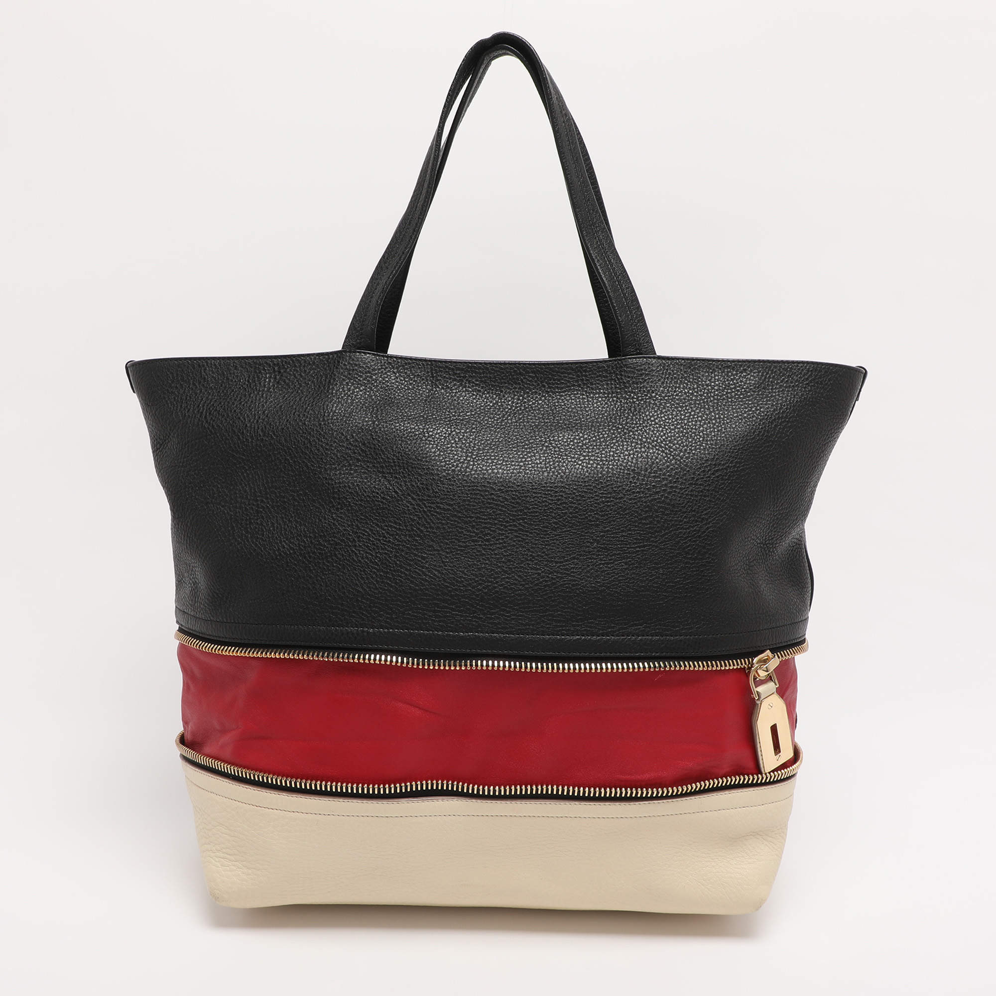 مملوكة مسبقًا Salvatore Ferragamo Black/Cream Leather Zip Tote