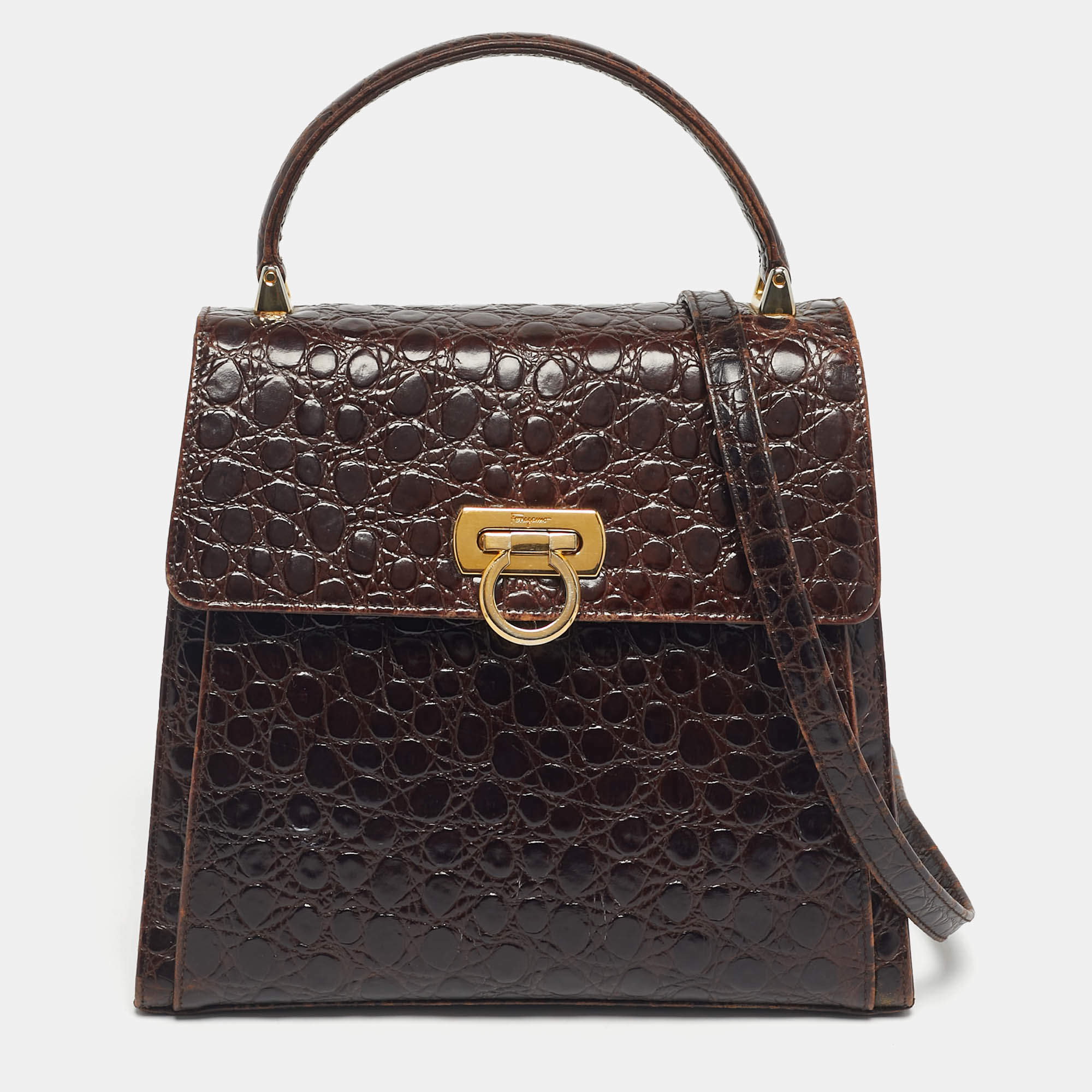 Pre Owned Salvatore Ferragamo Dark Brown Crocodile Kelly Top Handle Bag