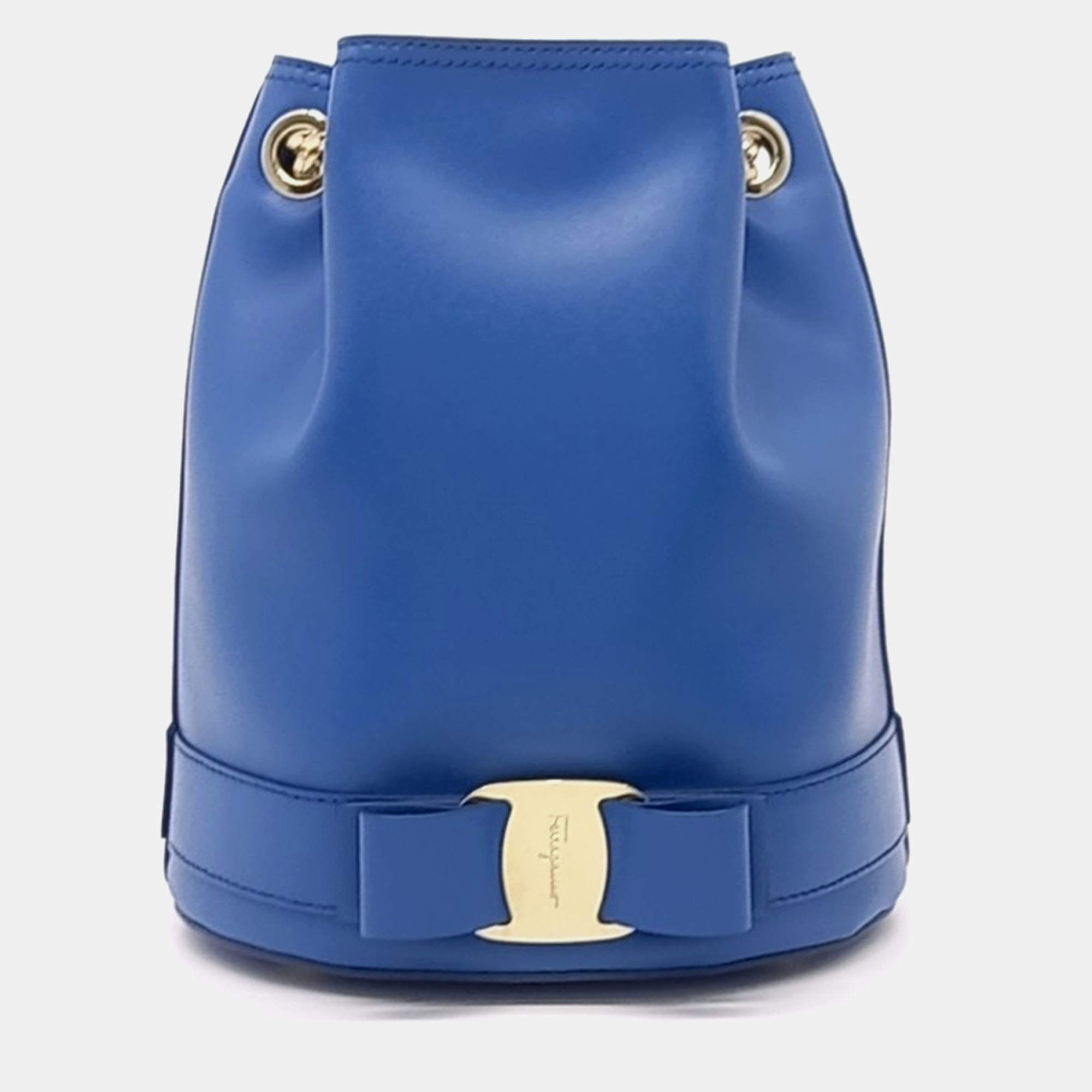 Pre Owned Salvatore Ferragamo Blue Leather Vara Bow Bucket Bag