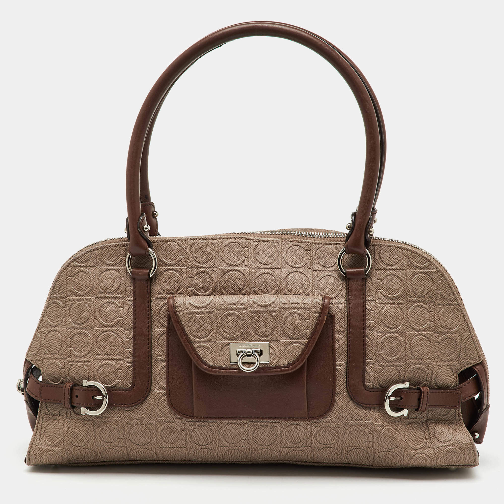Pre Owned Salvatore Ferragamo Beige/Brown Gancini Embossed Leather Zip Satchel