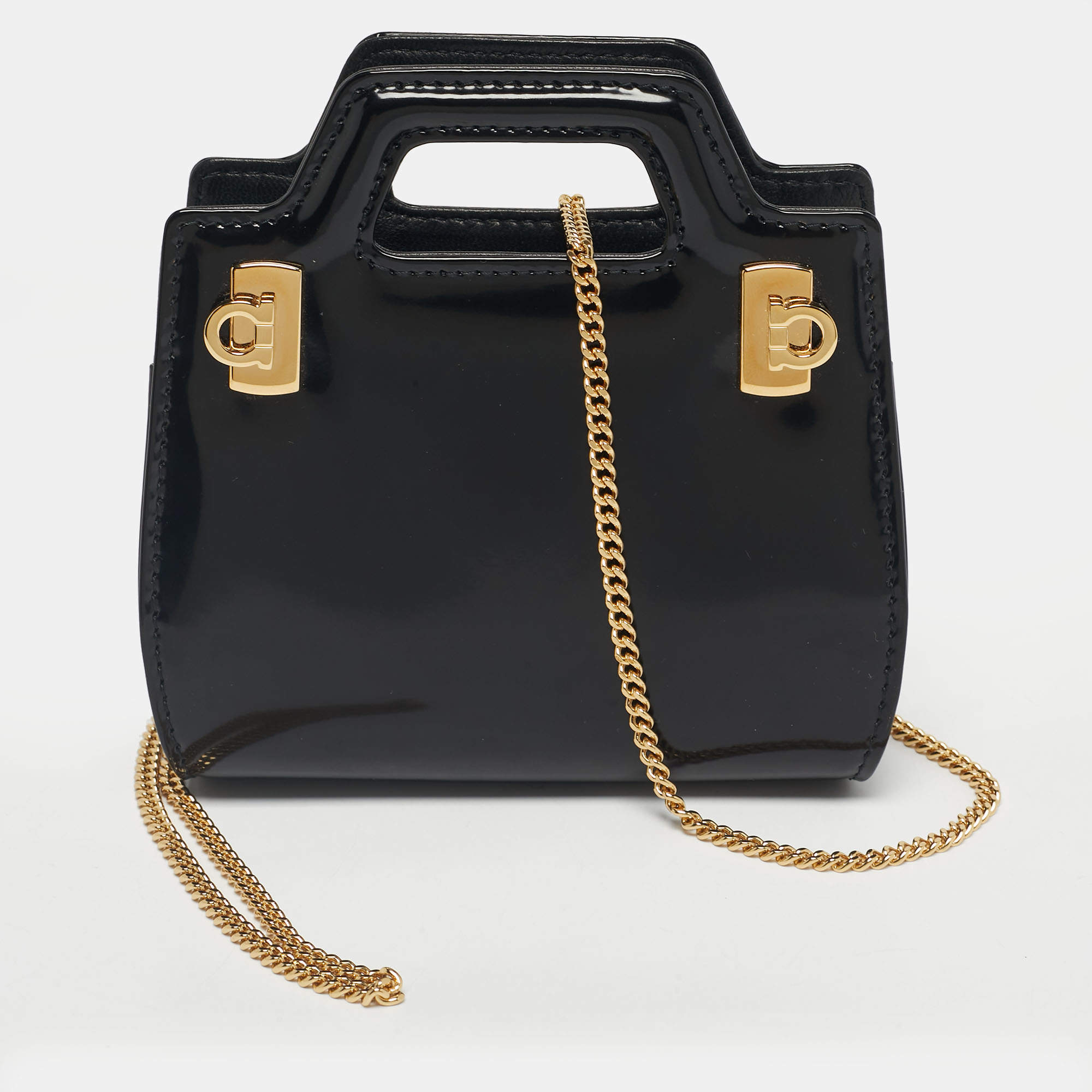 Pre Owned Salvatore Ferragamo Black Patent Leather Micro Sofia Tote