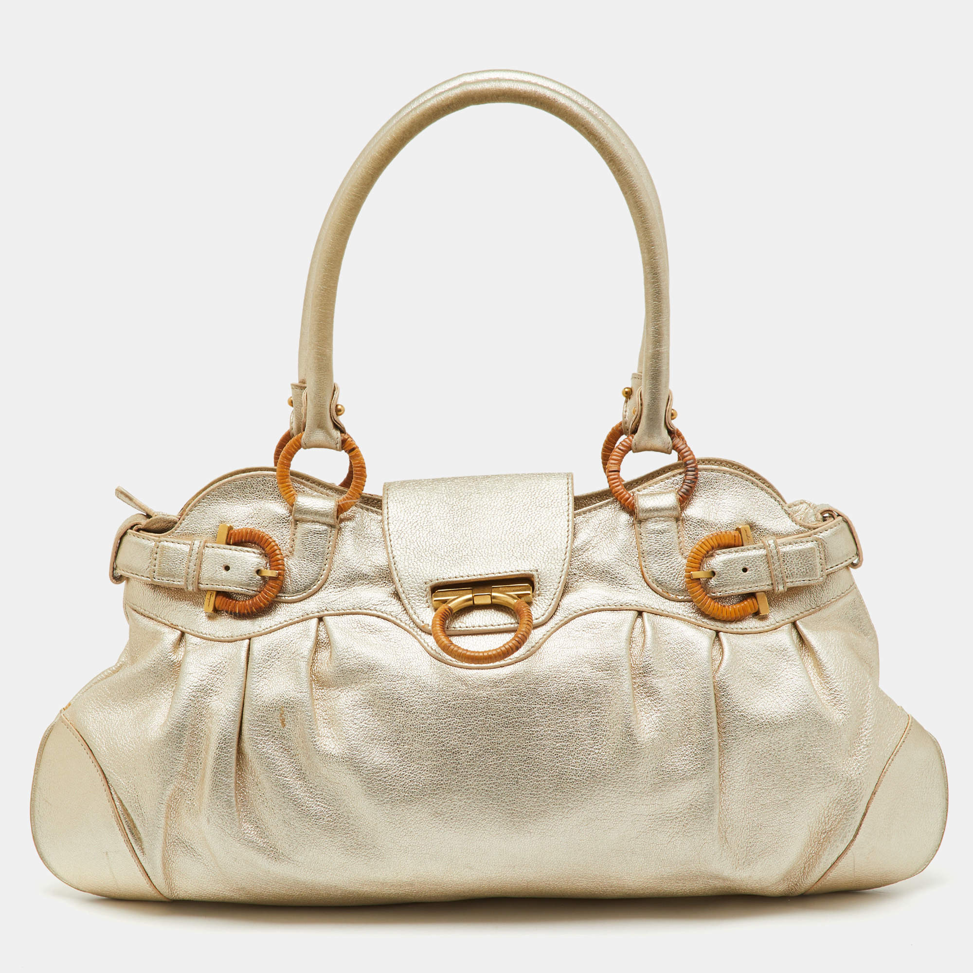 Pre Owned Salvatore Ferragamo Metallic Gold Leather Marisa Shoulder Bag