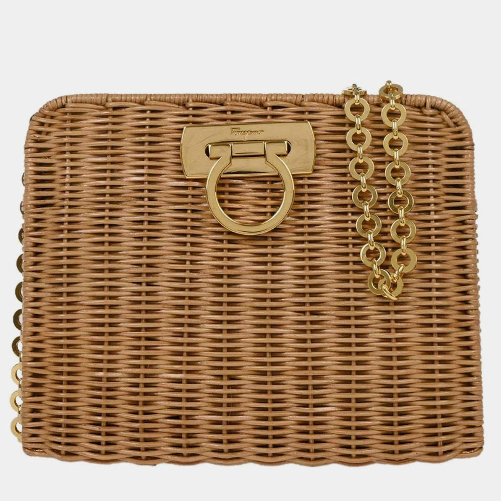 Pre Owned Salvatore Ferragamo Beige Rattan Gancini Shoulder Bag