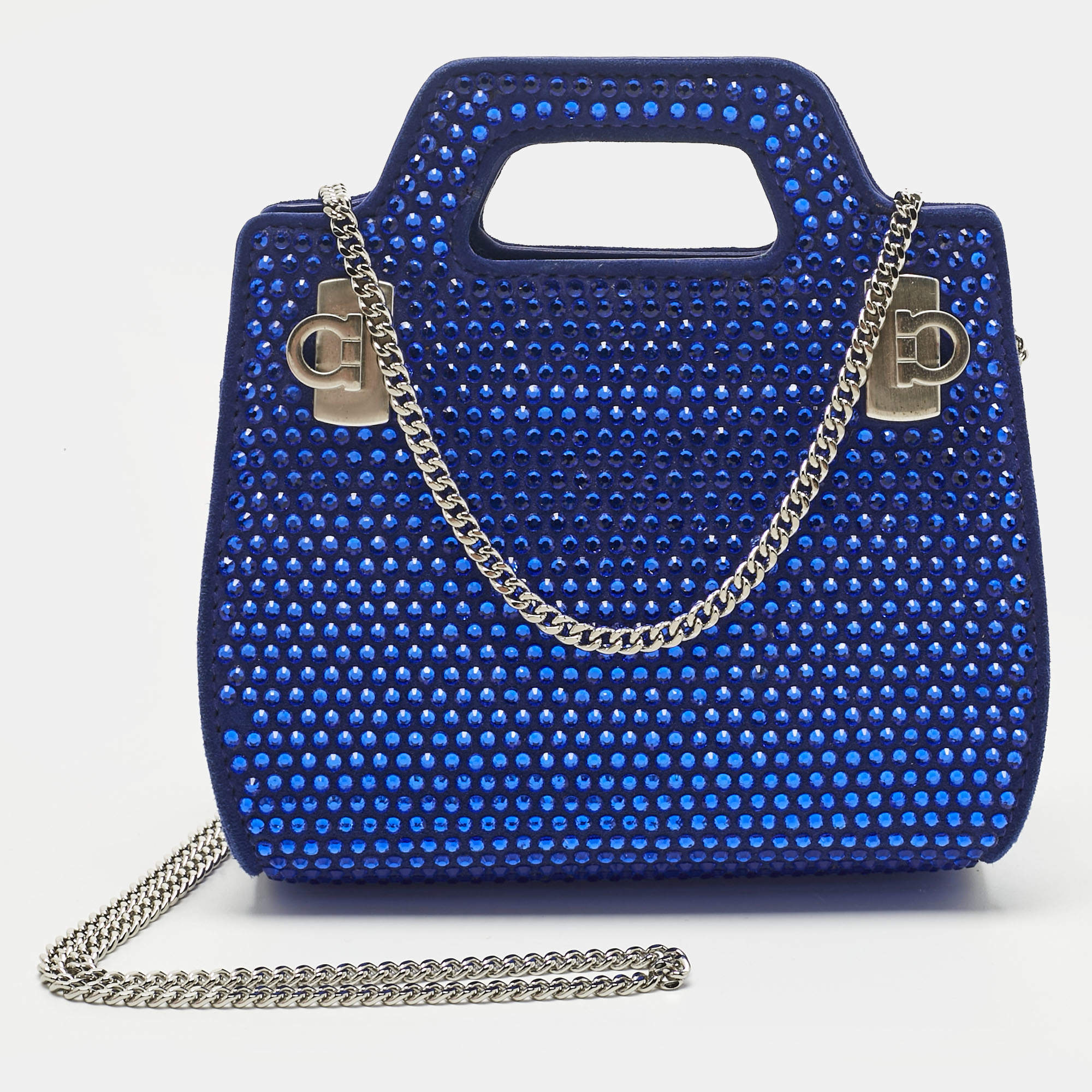 Pre Owned Salvatore Ferragamo Blue Suede Micro Crystal Wanda Crossbody Bag