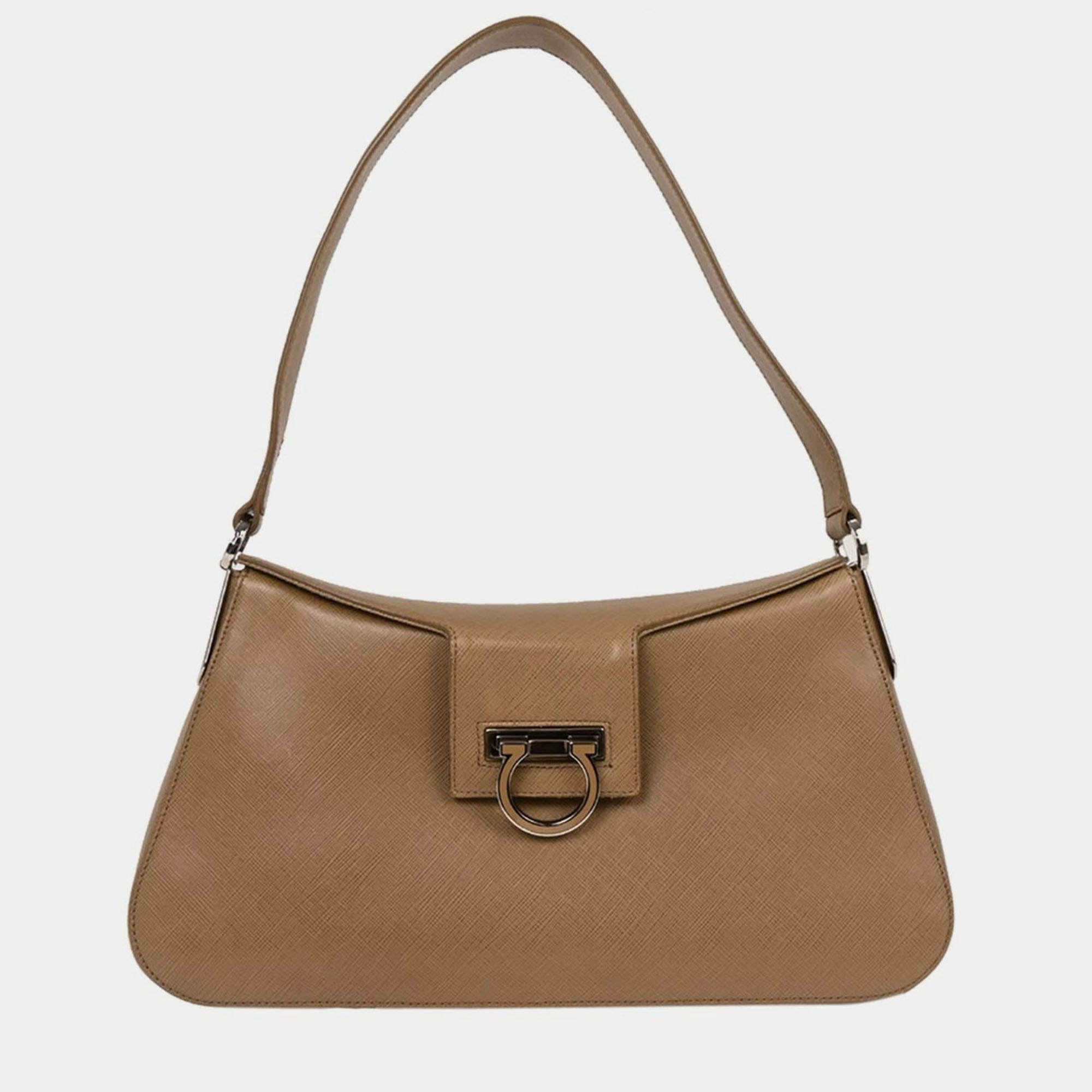 Pre Owned Salvatore Ferragamo Brown Leather Gancini Handbag