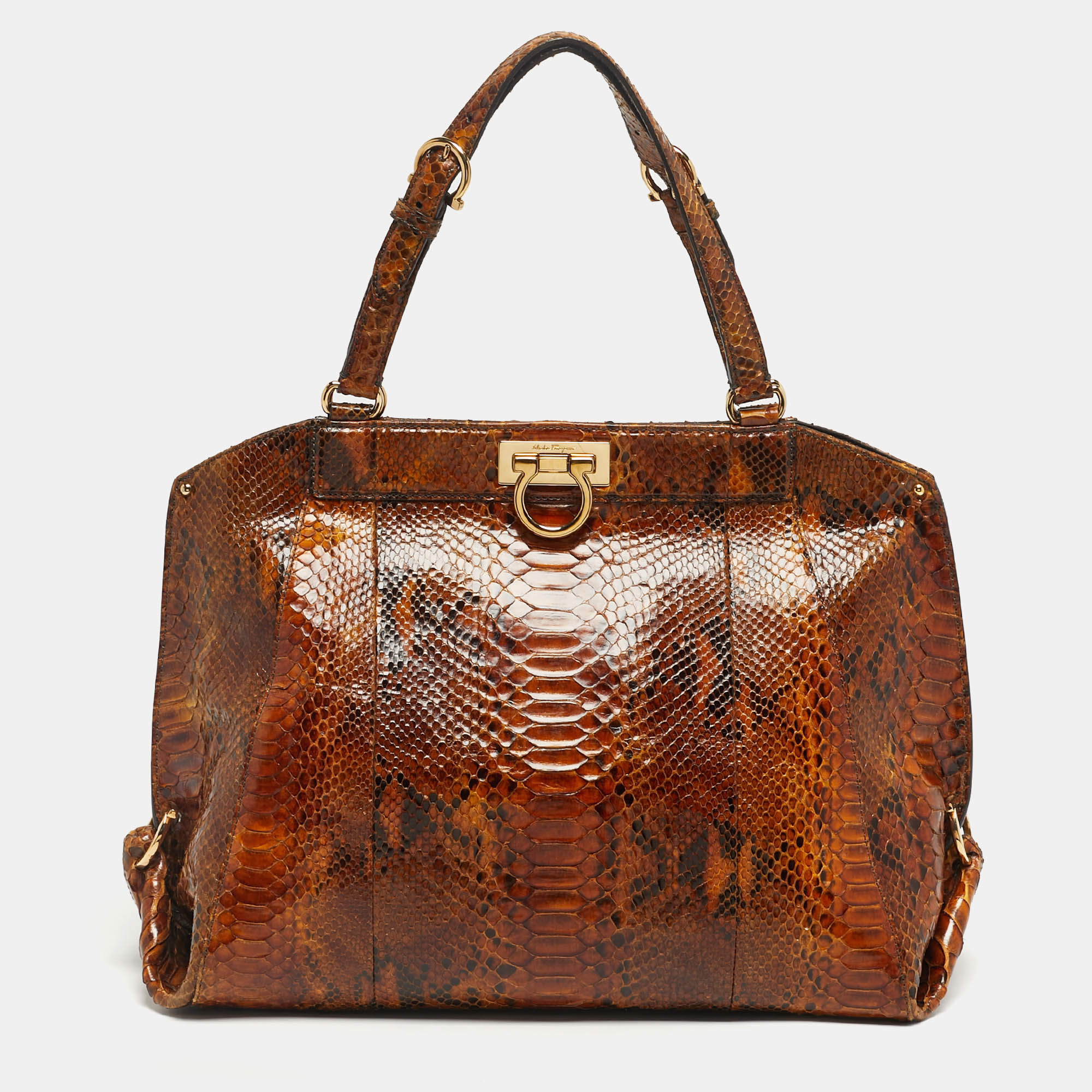 Pre Owned Salvatore Ferragamo Brown Python Satchel