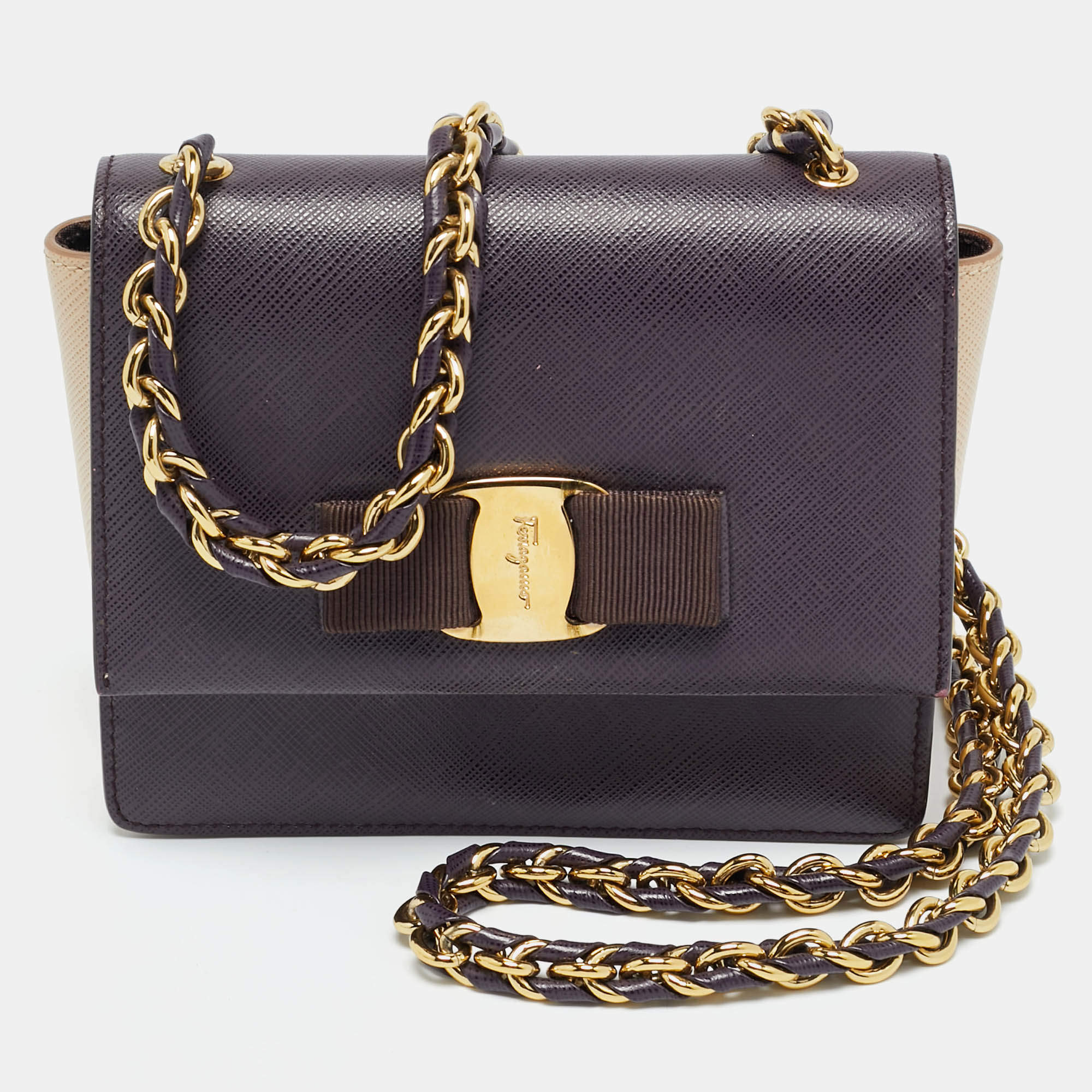 Pre Owned Salvatore Ferragamo Purple/Beige Leather Mini Ginny Crossbody Bag
