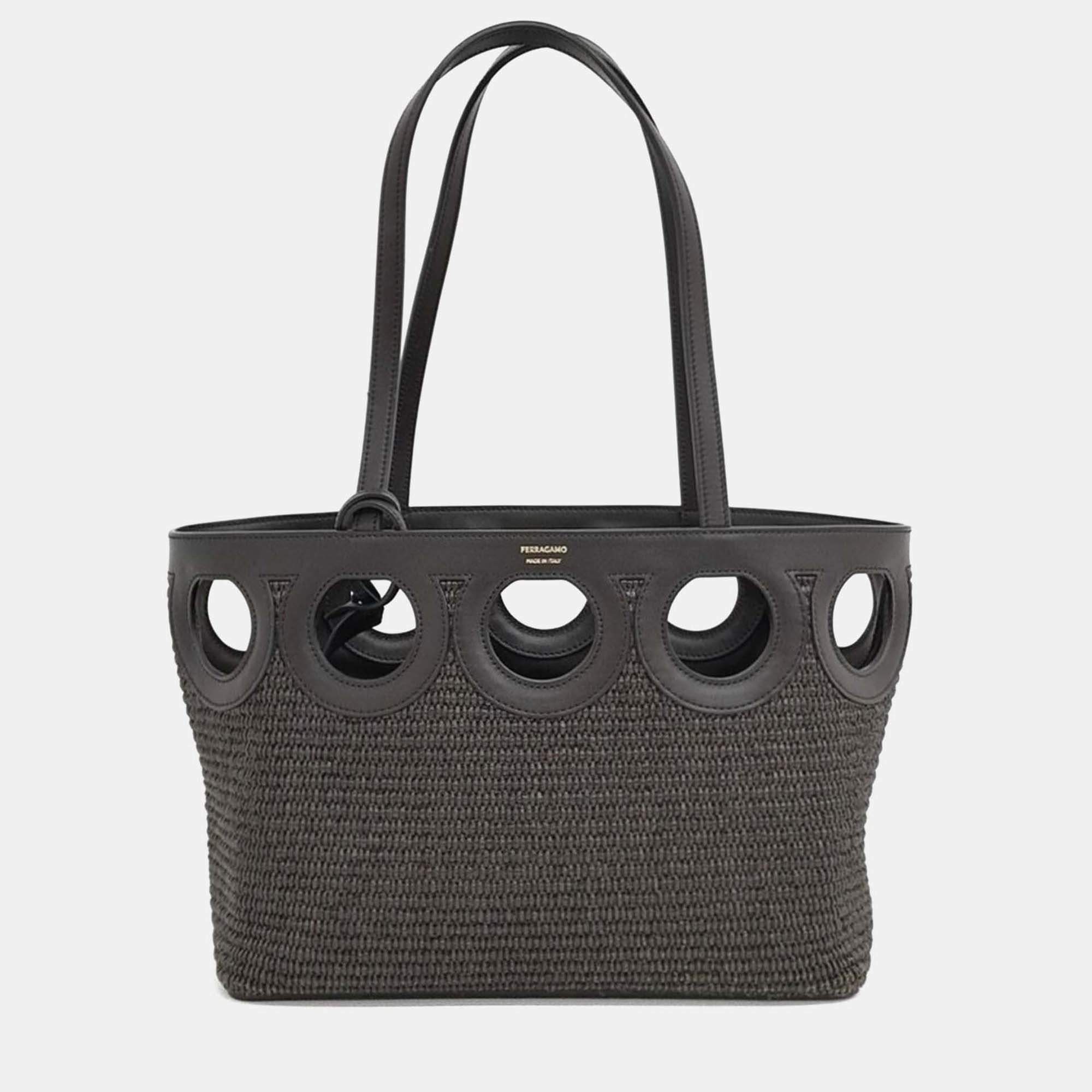 Pre Owned Salvatore Ferragamo Brown Leather and Raffia tote bag