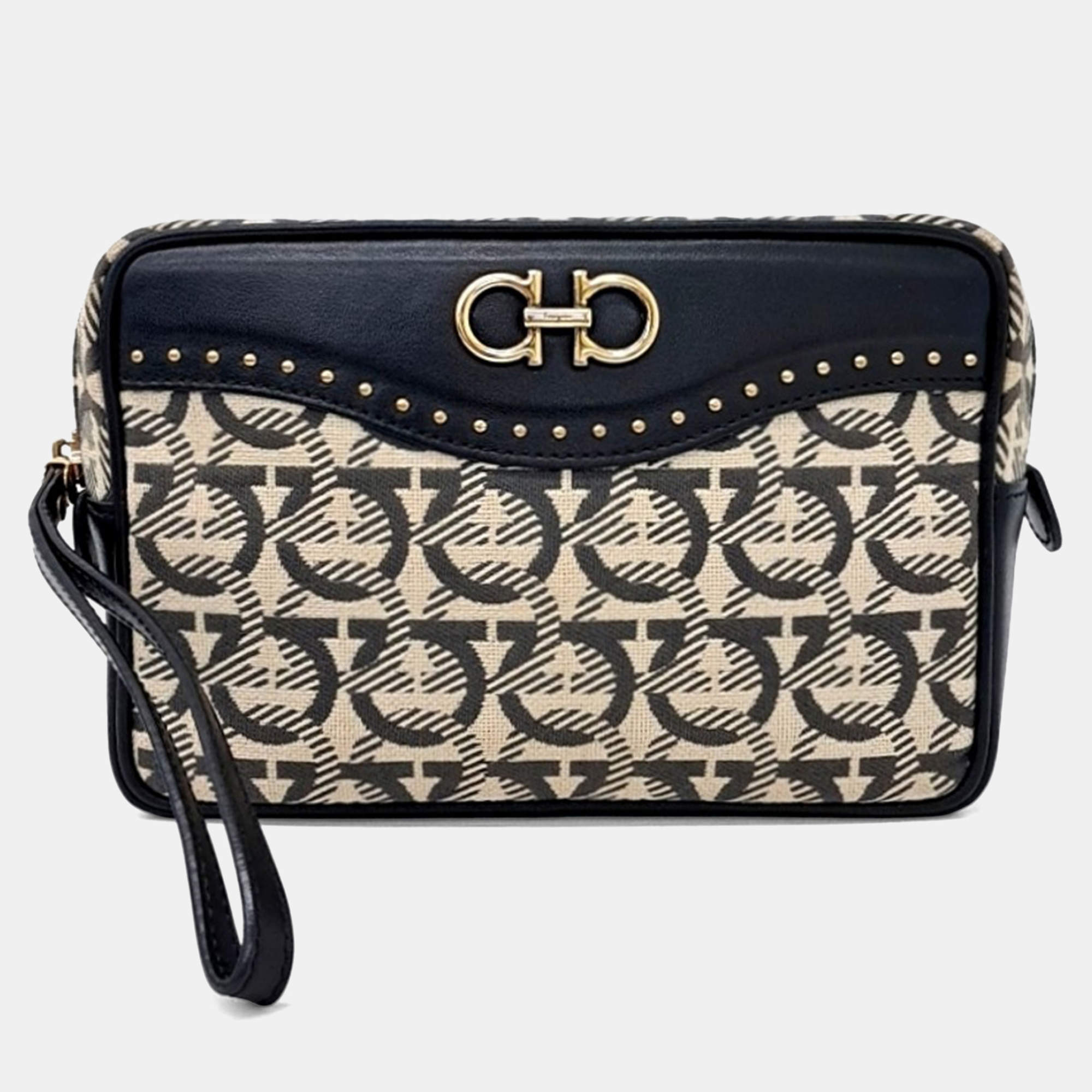 Pre Owned Salvatore Ferragamo Beige Black Fabric Gancini Clutch