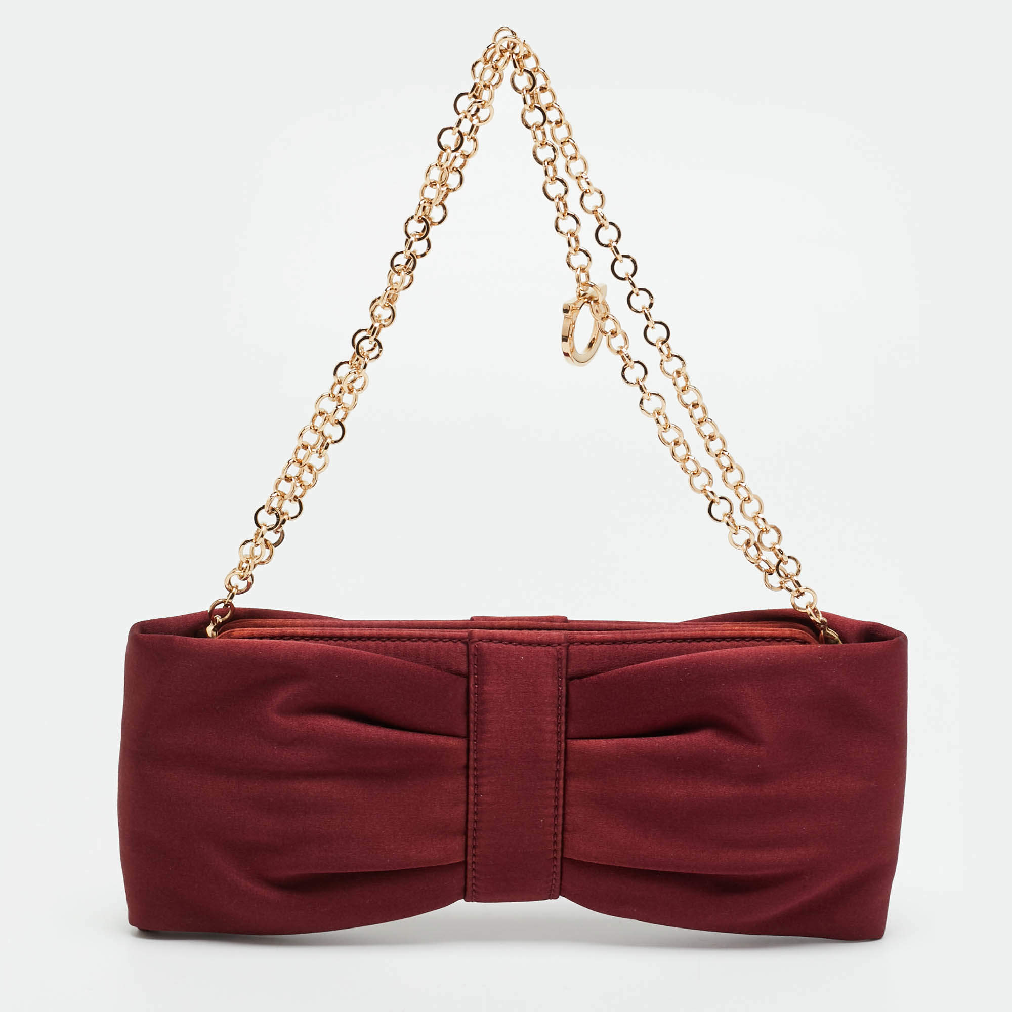 Pre Owned Salvatore Ferragamo Bow Burgundy Satin Chain Clutch