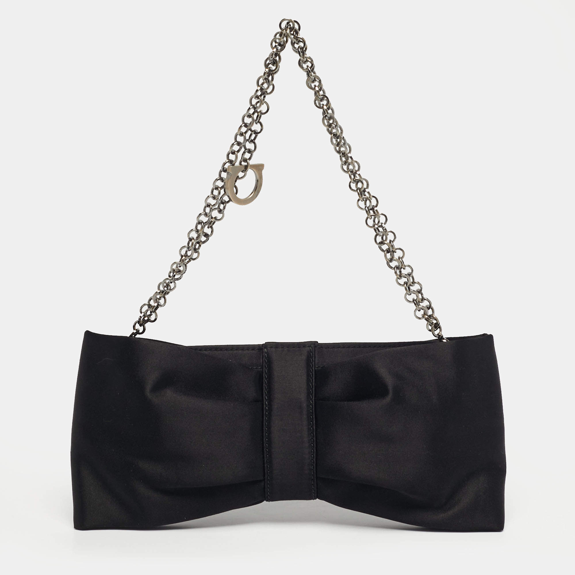 Pre Owned Salvatore Ferragamo Bow Black Satin Chain Clutch