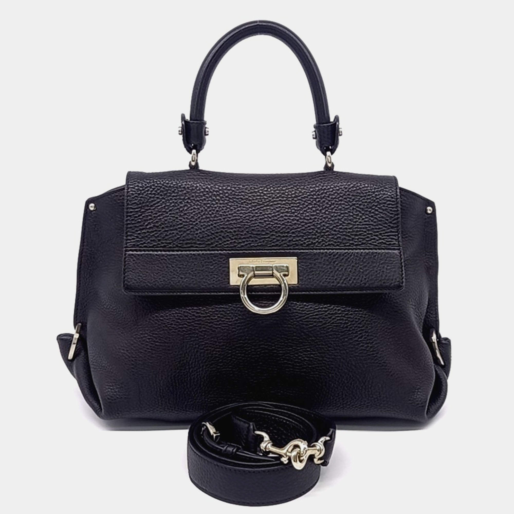 Pre Owned Salvatore Ferragamo Black Leather Sophia Bag Large