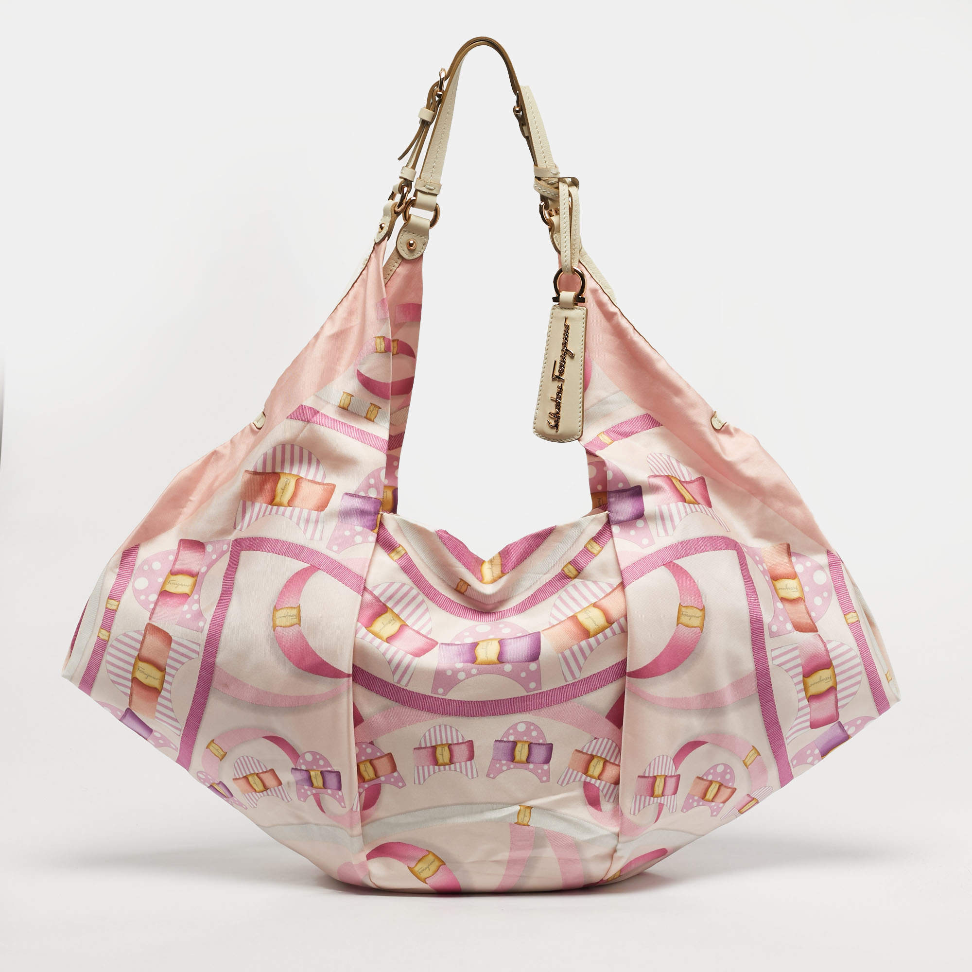 Pre Owned Salvatore Ferragamo Pleated Bow Print Pink Leather and Nylon Hobo