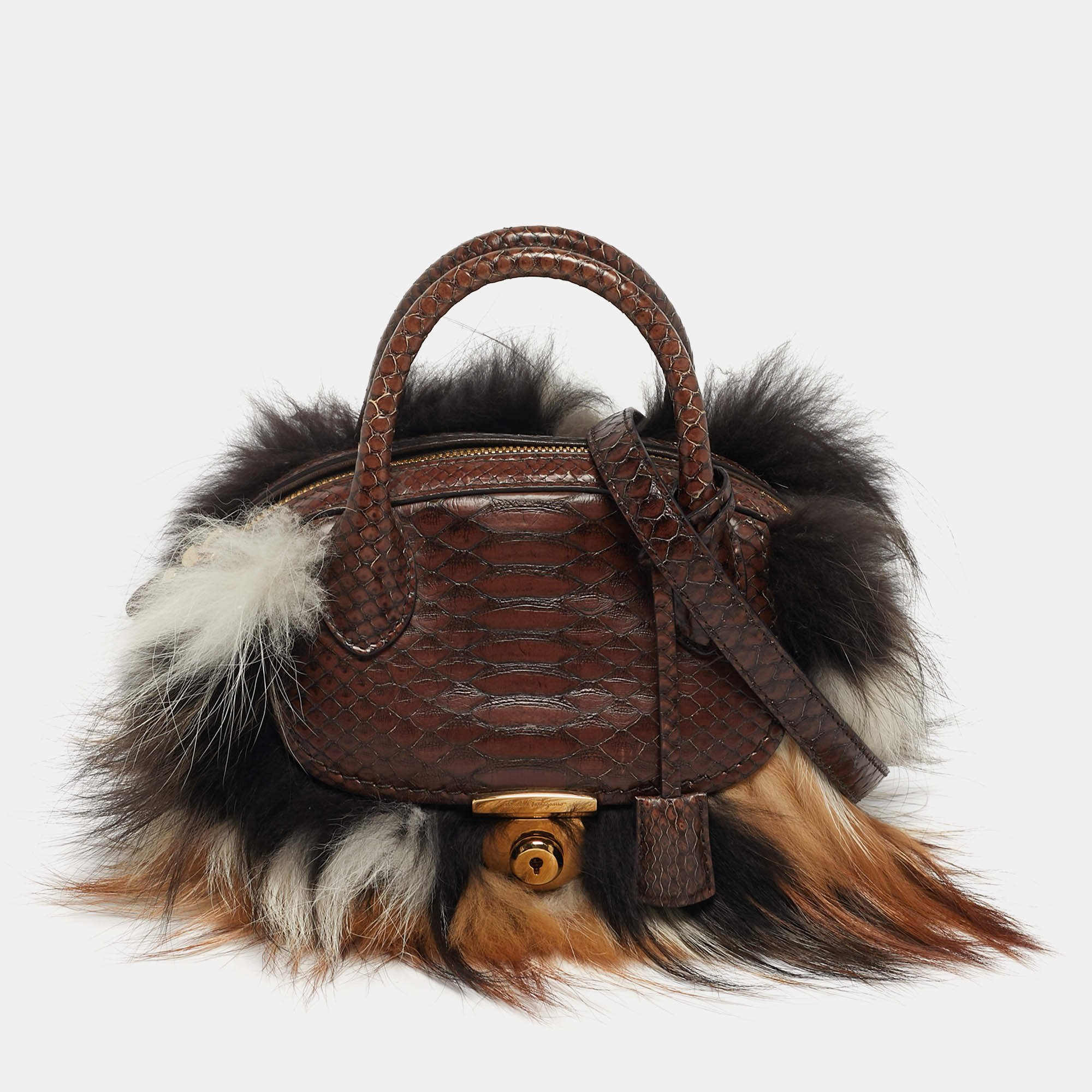 Pre Owned Salvatore Ferragamo Fiamma Brown Python and Fox Fur Satchel