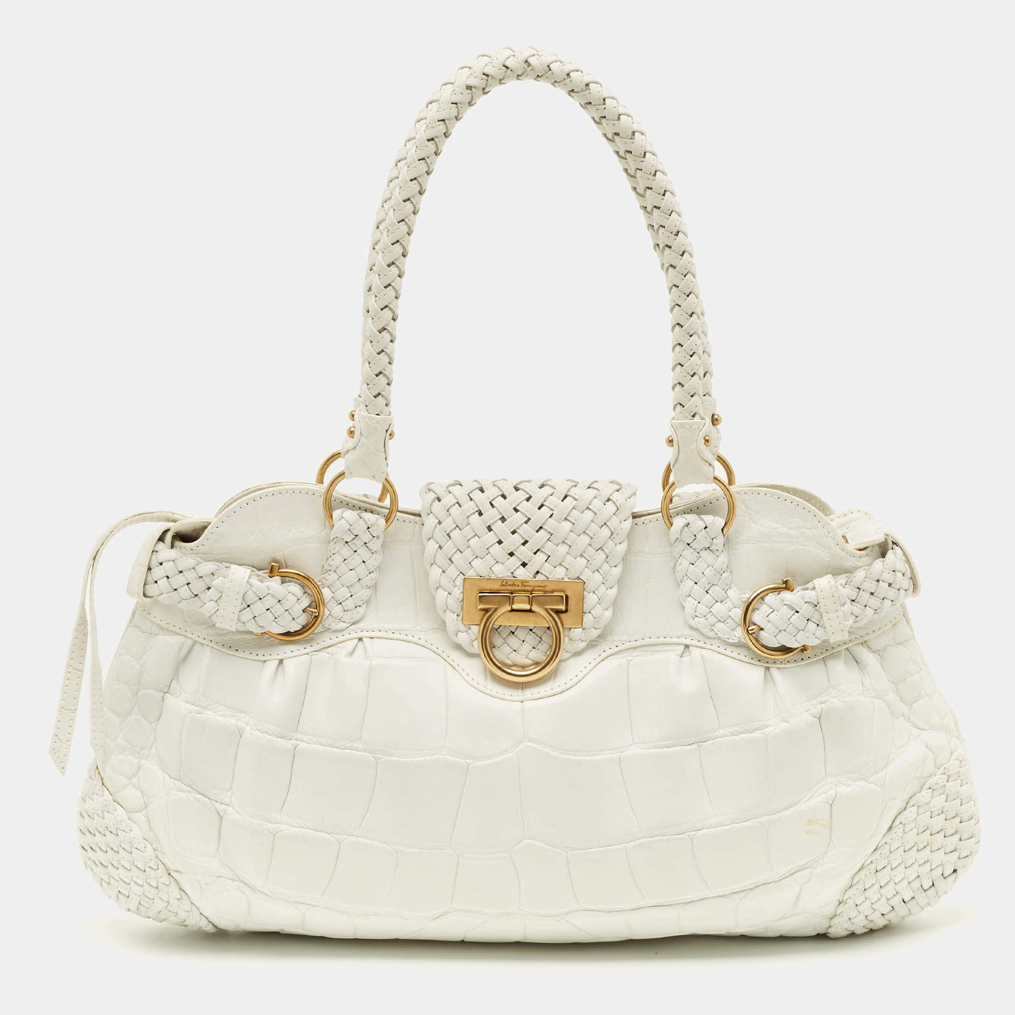 Pre Owned Salvatore Ferragamo Marisa White Croc Embossed Leather Satchel