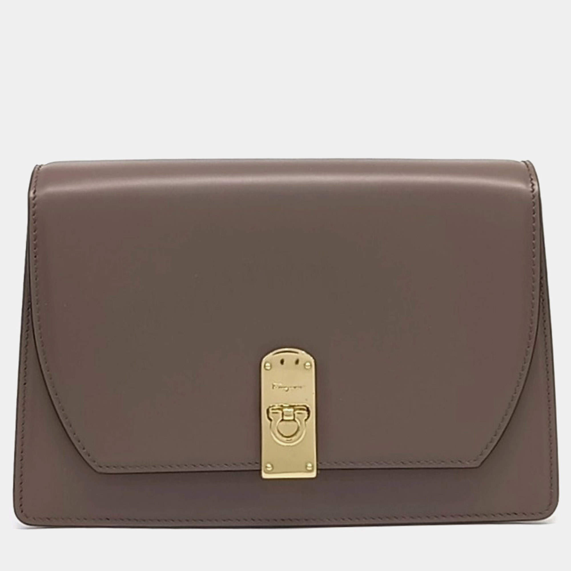 Pre Owned Salvatore Ferragamo Brown Leather Gancini crossbody bag