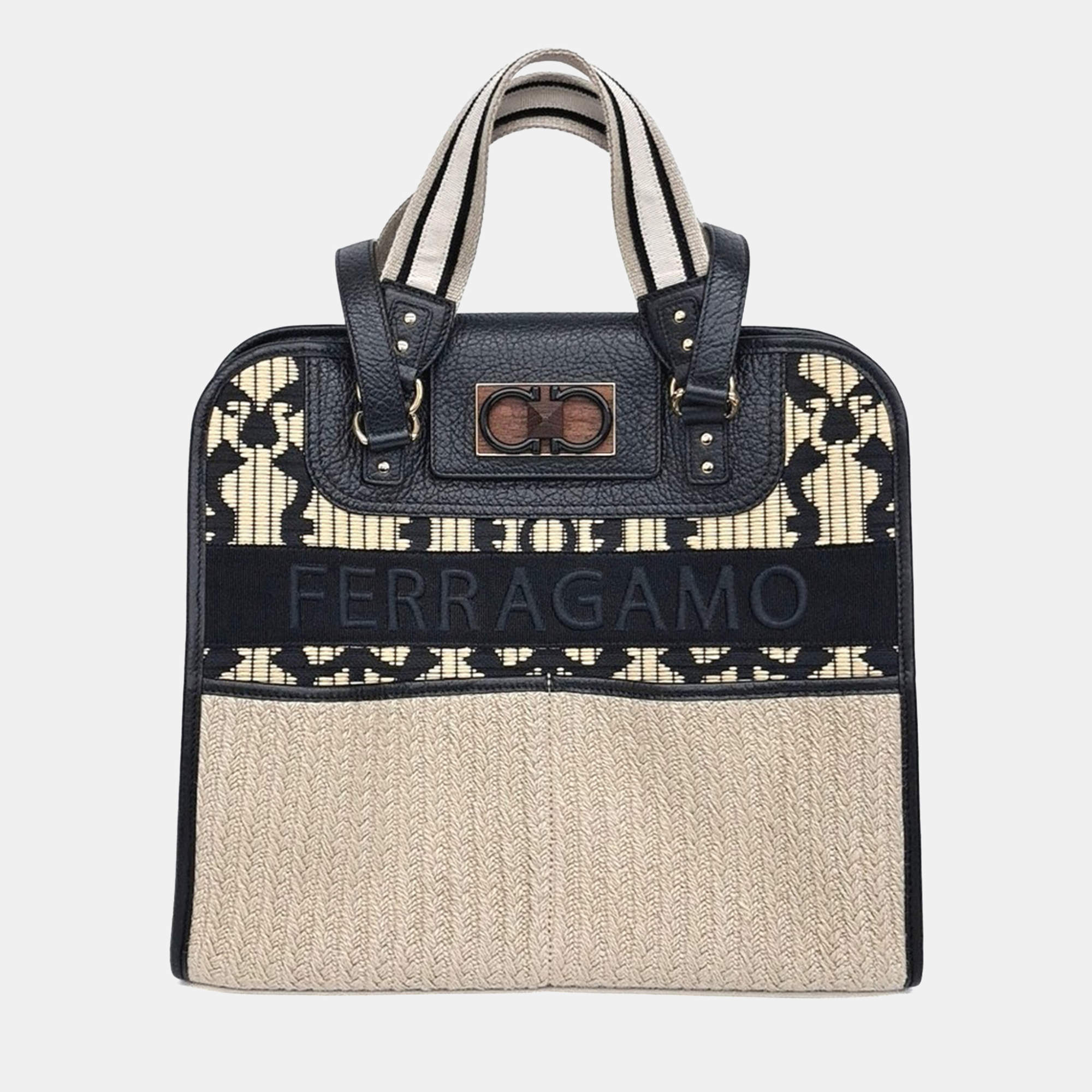 Pre Owned Salvatore Ferragamo Beige, Black Leather and Raffia tote and shoulder bag