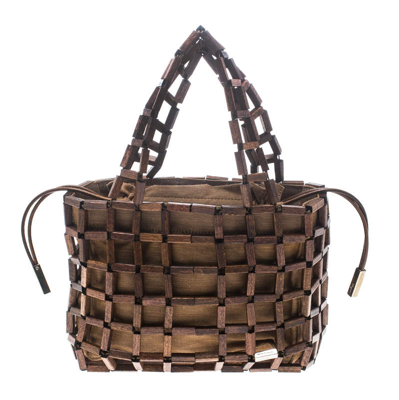 Salvatore Ferragamo Brown Rod Connector Wood Drawstring Bag
