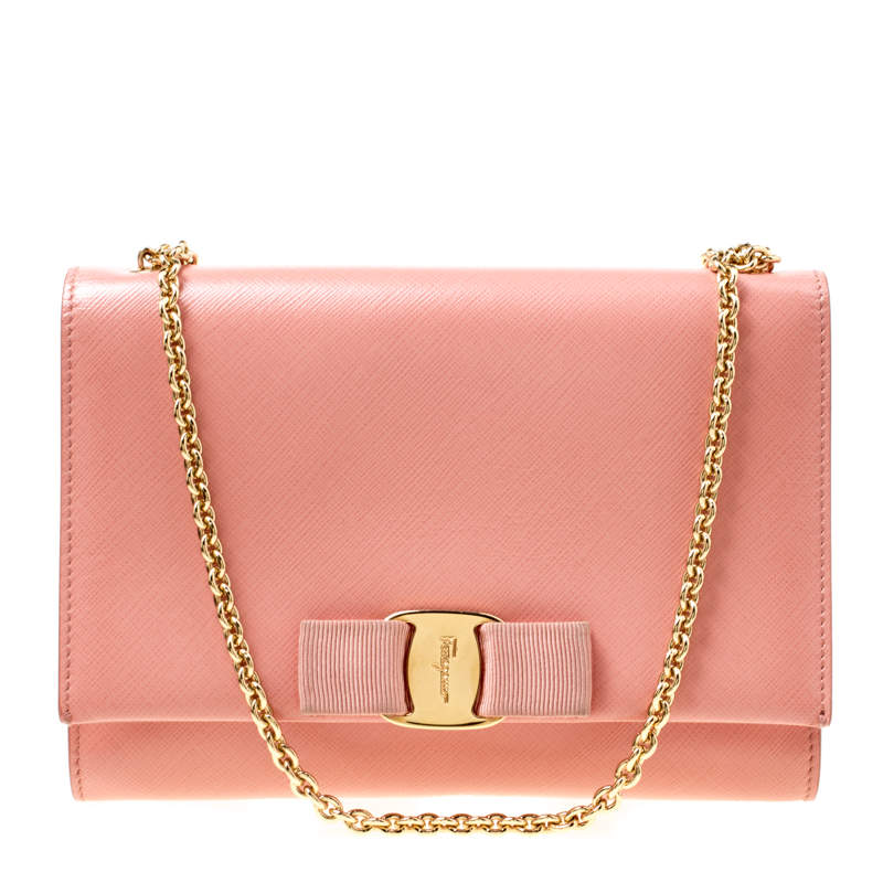 Salvatore Ferragamo Peach Leather Vara Bow Chain Clutch