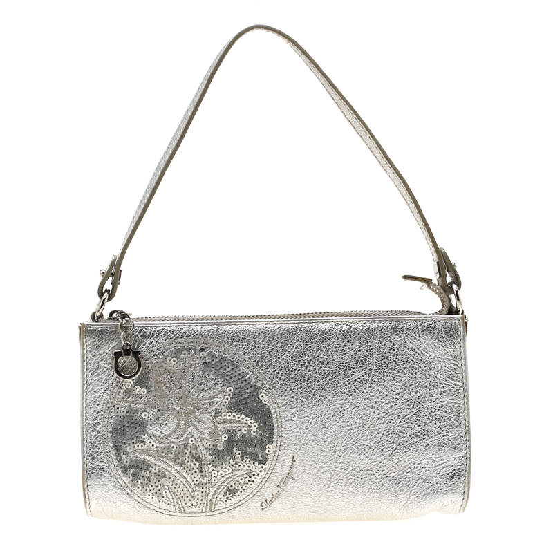 Pre Owned Salvatore Ferragamo Silver Floral Sequins Leather Pochette Bag