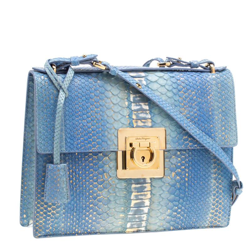 Salvatore Ferragamo Blue/Gold Python Gancio Lock Shoulder Bag