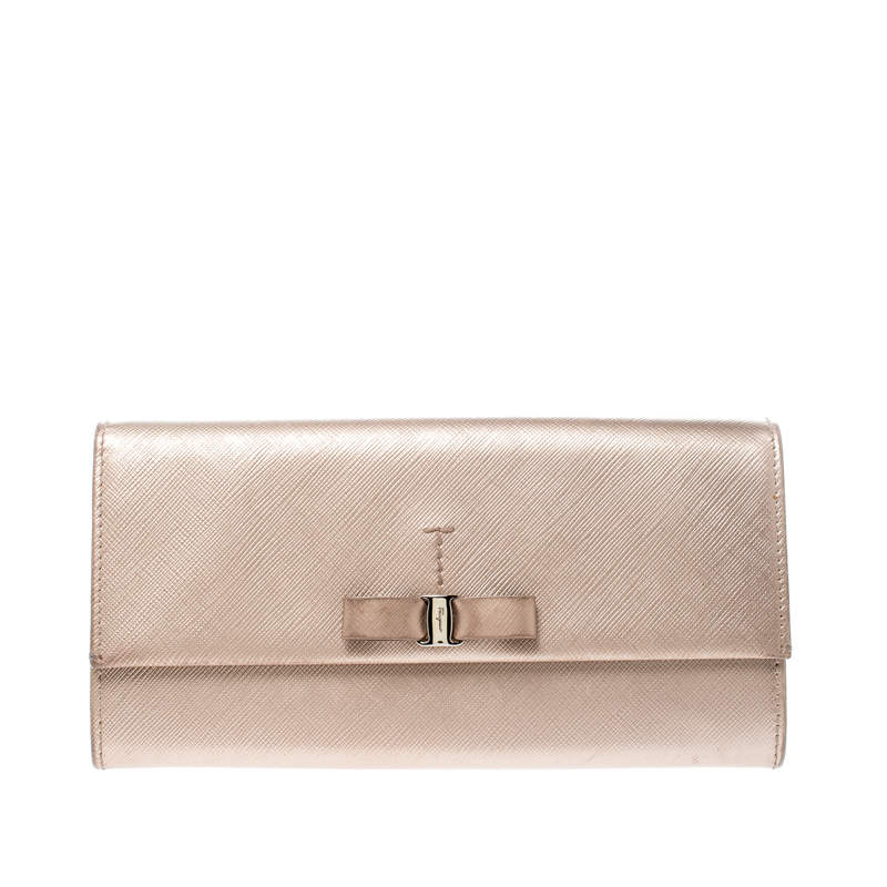 Salvatore Ferragamo Beige Metallic Leather Bow Continental Wallet