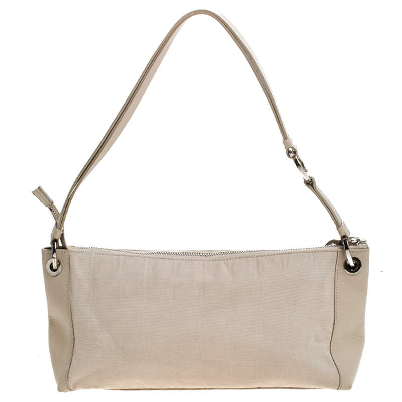 Pre Owned Salvatore Ferragamo Beige Fabric and Leather Shoulder Bag